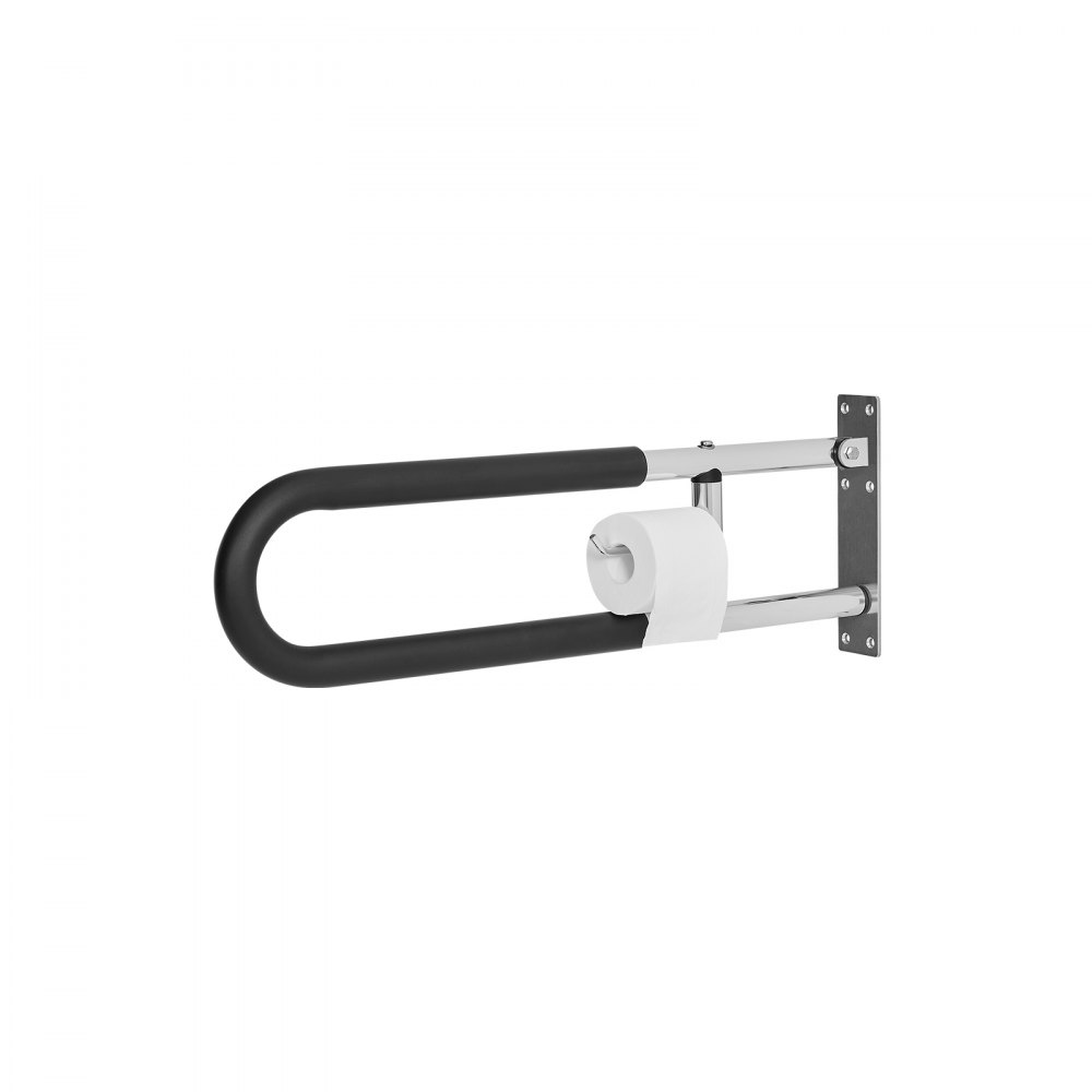 VEVOR Toilet Safety Rail, 30 Inch U-Shaped Handicap Grab Bar, Foldable Senior Safety Pole, Flip Up Toilet Grab Bars with Anti-Slip Handle, 300 Lbs Load Capacity Security Handrail with Paper Holder