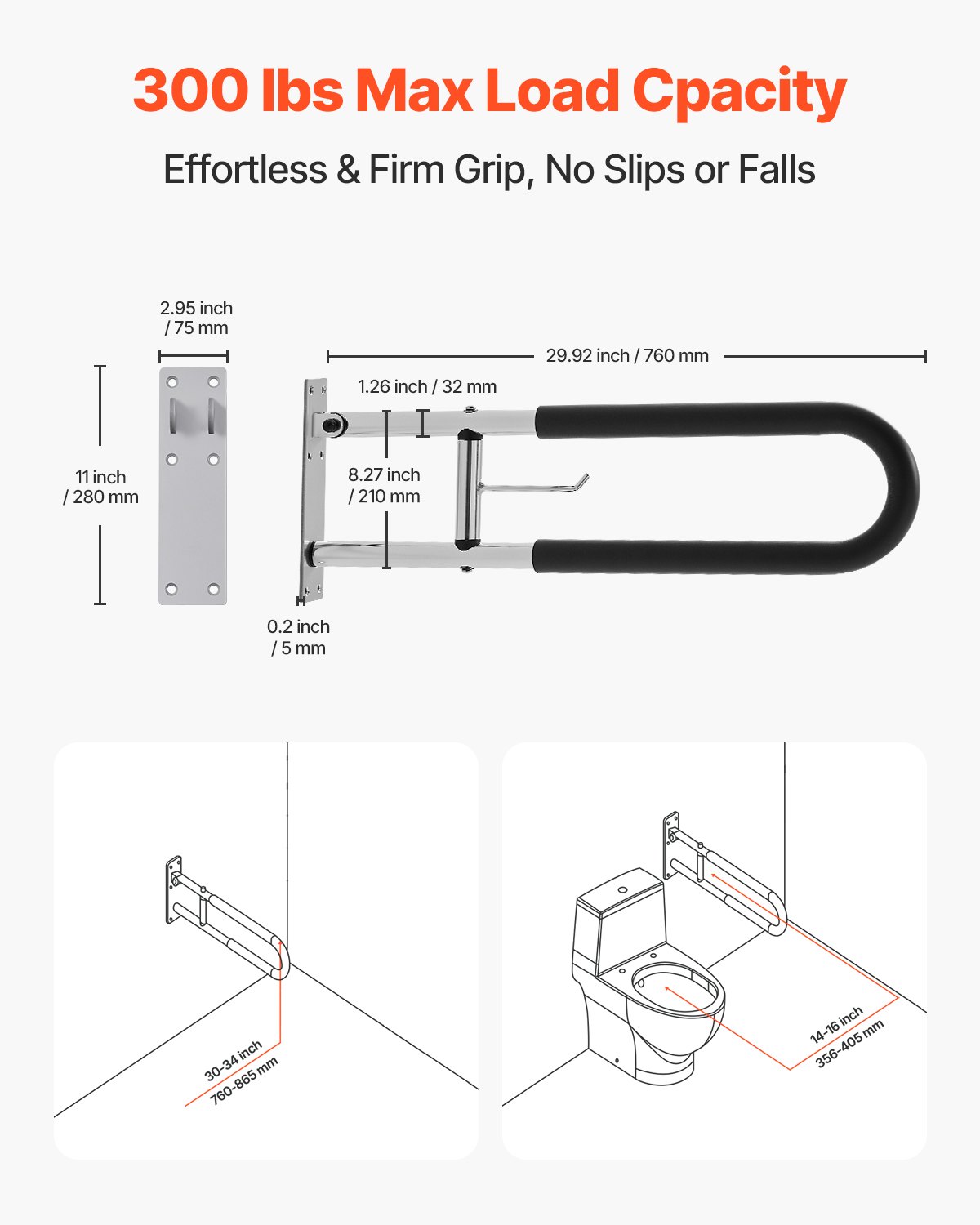 VEVOR Toilet Safety Rail, 30 Inch U-Shaped Handicap Grab Bar, Foldable Senior Safety Pole, Flip Up Toilet Grab Bars with Anti-Slip Handle, 300 Lbs Load Capacity Security Handrail with Paper Holder