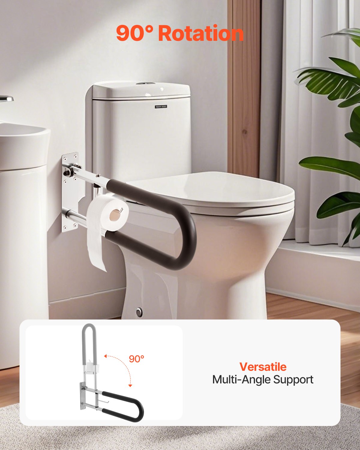 VEVOR Toilet Safety Rail, 30 Inch U-Shaped Handicap Grab Bar, Foldable Senior Safety Pole, Flip Up Toilet Grab Bars with Anti-Slip Handle, 300 Lbs Load Capacity Security Handrail with Paper Holder