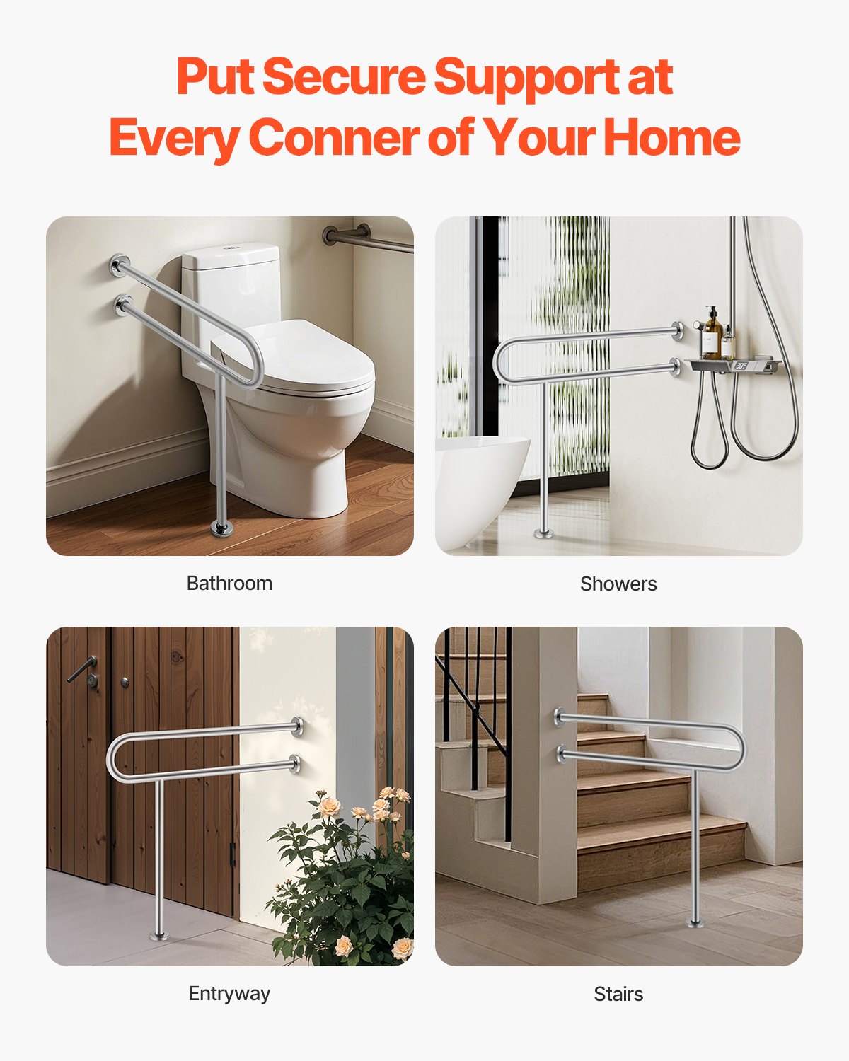 VEVOR Toiletbeugel, 780 x 76 x 800 mm, wandbeugel voor gehandicapten, antisliphandgreep van roestvrij staal 304, veiligheidsleuning met steunpoot en draagvermogen 136 kg