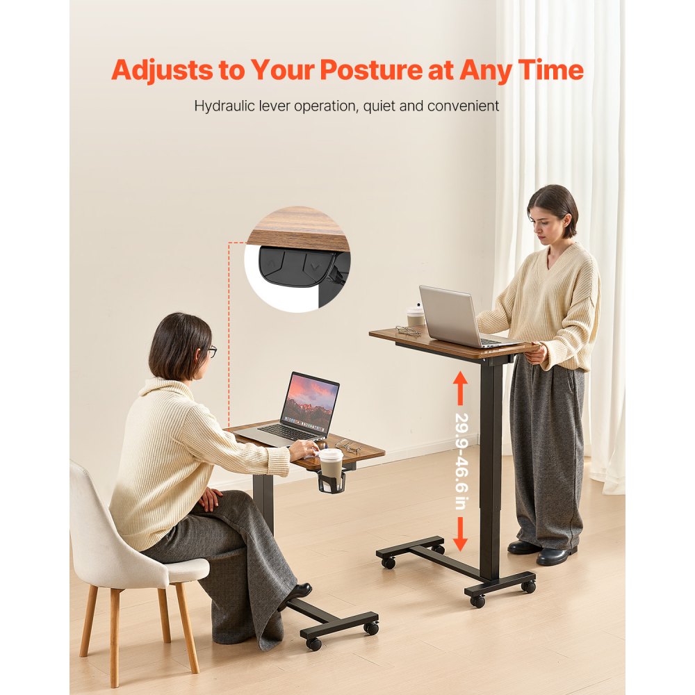 VEVOR Overbedtafel Mobiel nachtkastje met 4 wielen, elektrisch heffend met upgradeknop, rollend laptopbureau met bekerhouder, in hoogte verstelbaar overbedbureau