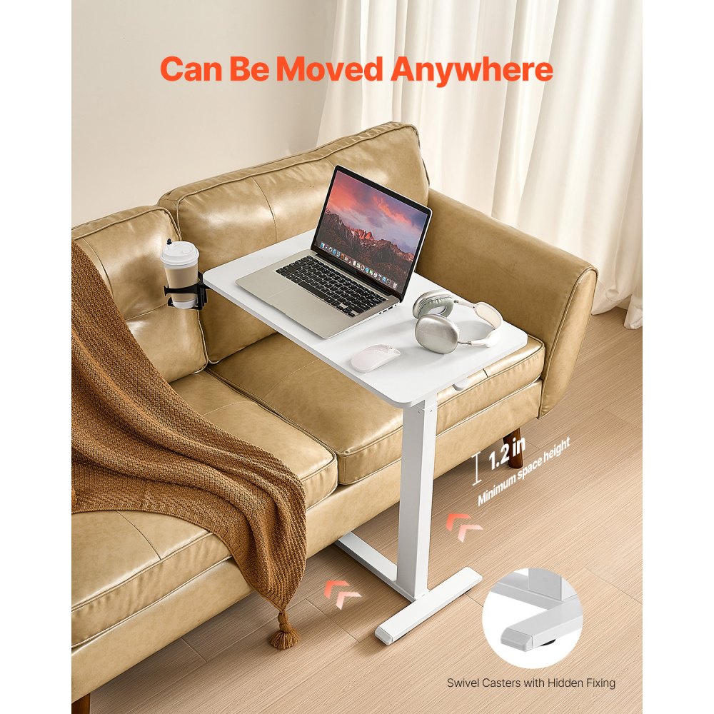 VEVOR Overbedtafel Mobiele bijzettafel met 4 verborgen wielen, in hoogte verstelbaar en laptoptafel met bekerhouder, draagbaar nachtkastje voor kantoor, studeerkamer, wit
