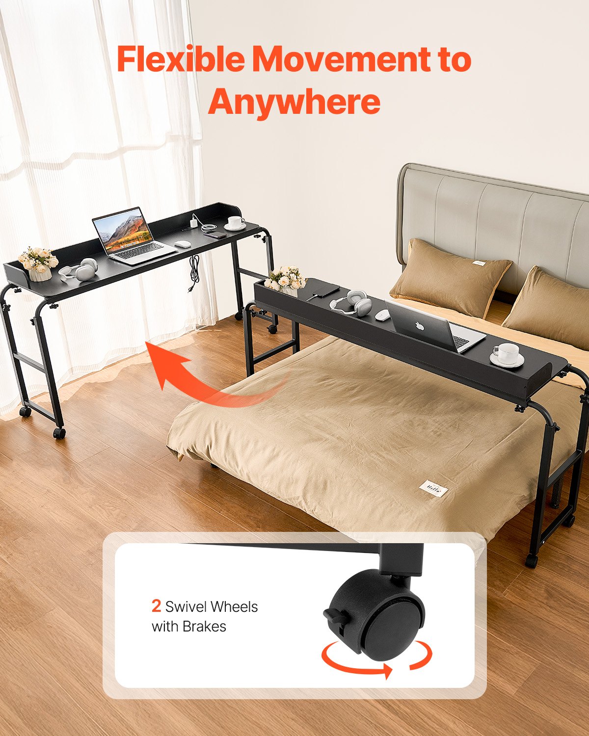 VEVOR Overbed Table, Mobile Bed Side Table with 4 Wheels (2 with Brakes) and Power Socket, Height Adjustable Rolling Laptop Desk, Portable Particleboard Over Bed Desk for Home, Office, Study, Black