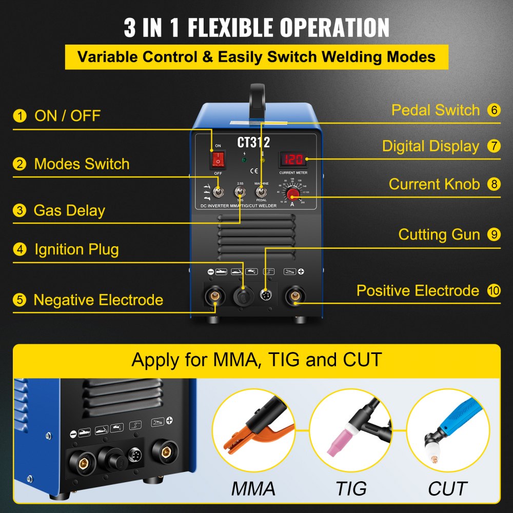 VEVOR 3 In1 CT312 Combo Welder Plasma Cutter/TIG/MMA Inverter Welder, Multi Functional TIG/MMA/Plasma Cutter Air Plasma Cutter Weldering Machine Welder, Output Current 20-120 A