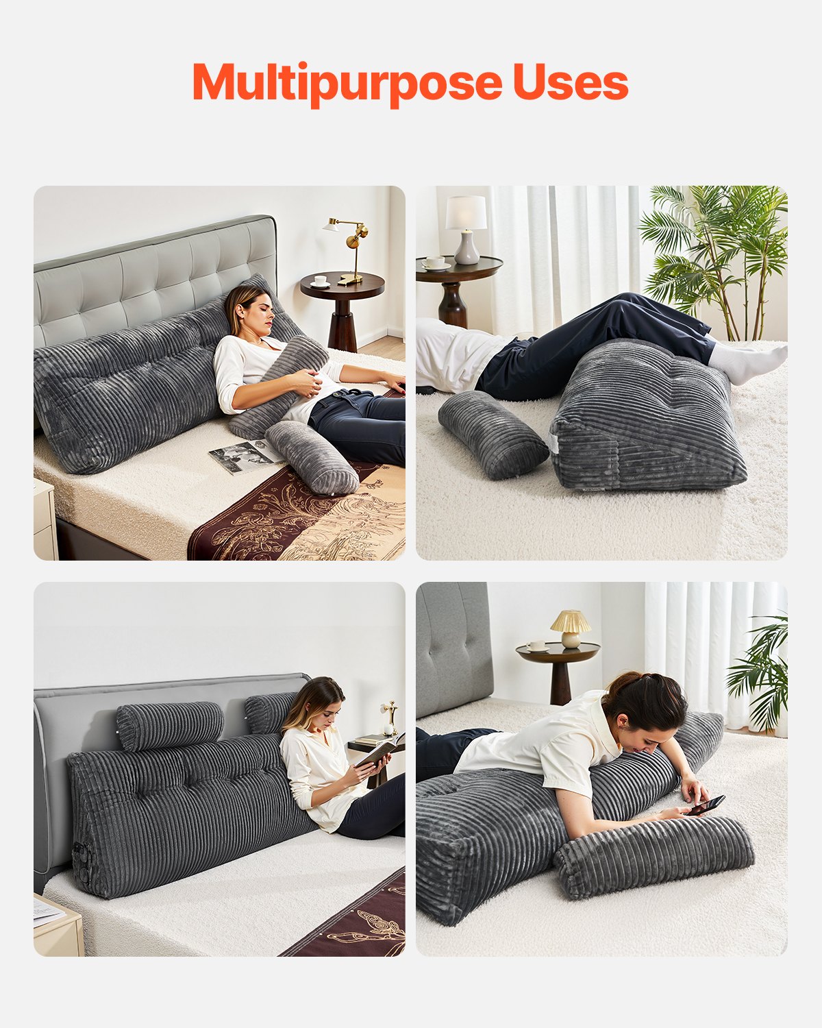 VEVOR Hoofdbordkussen Wigkussen (Kingsize) met 2 zijzakken en 2 hoofdsteunen, Bedwigkussen met wasbare flanellen doek, voor lezen, spelen, werken, grijs (1920 x 205 x 530 mm)