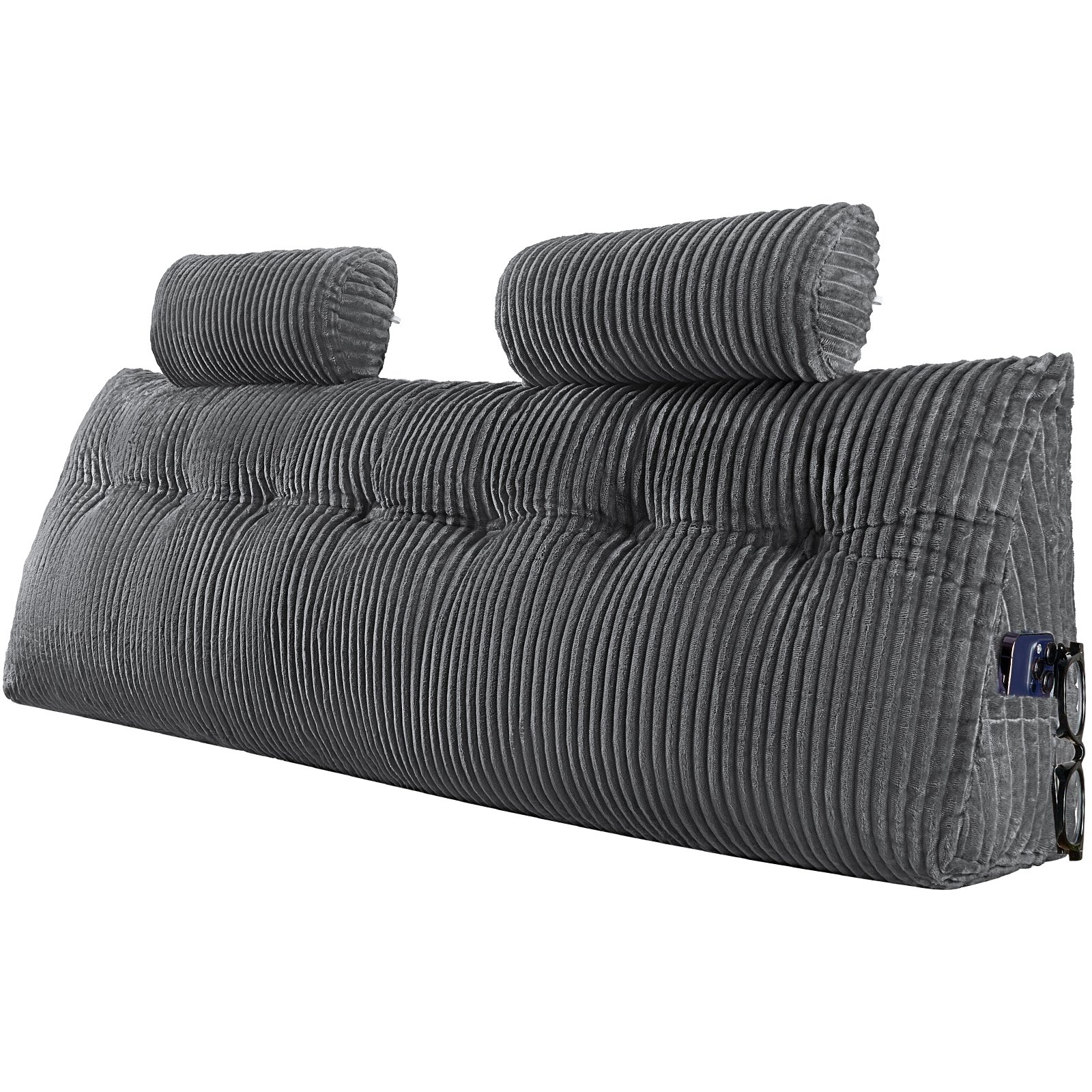 VEVOR Hoofdbordkussen Wigkussen (Kingsize) met 2 zijzakken en 2 hoofdsteunen, Bedwigkussen met wasbare flanellen doek, voor lezen, spelen, werken, grijs (1920 x 205 x 530 mm)