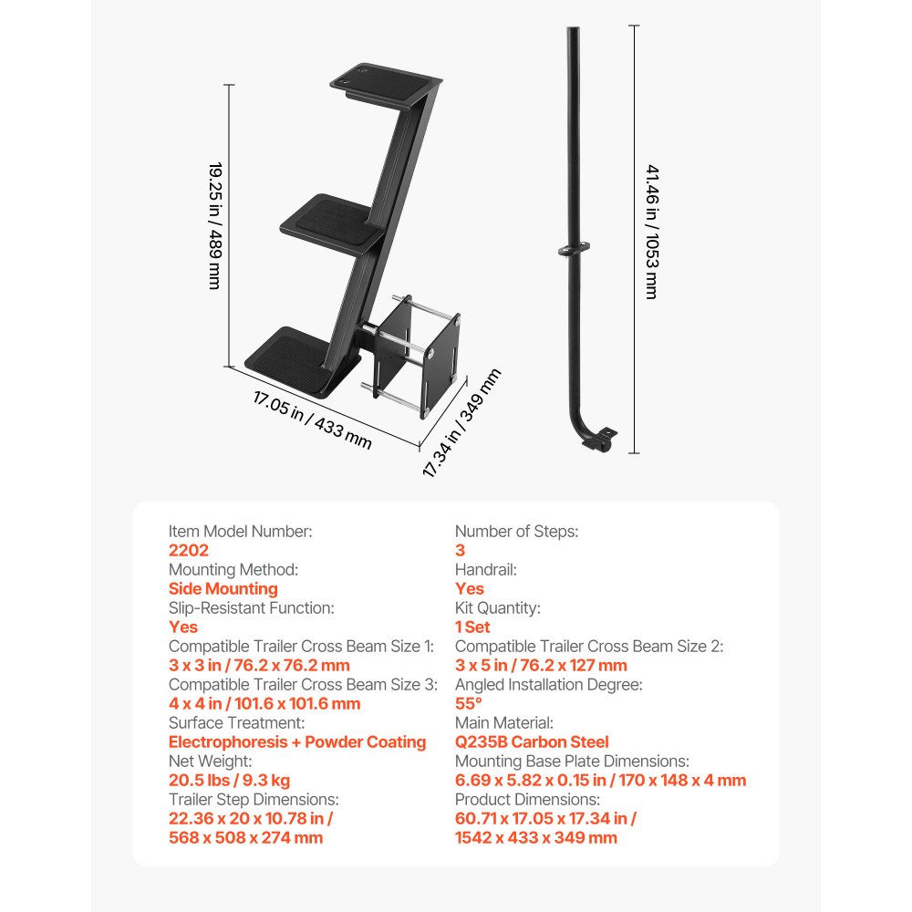 VEVOR Bootaanhangertrap, 3 treden, koolstofstalen bootaanhangertrap met handgreep, antislipoppervlak en een montagehoek van 55°, geschikt voor frames van 3x3/3x5/4x4 inch, vloermontage