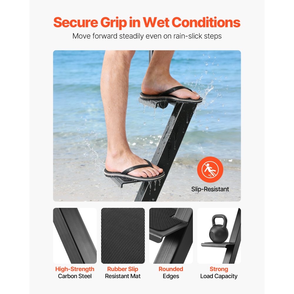 VEVOR Bootaanhangertrap, 4 treden, koolstofstalen bootaanhangertrap met handgreep, antislipoppervlak en een montagehoek van 70°, geschikt voor frames van 3x3/3x5/4x4 inch, vloermontage