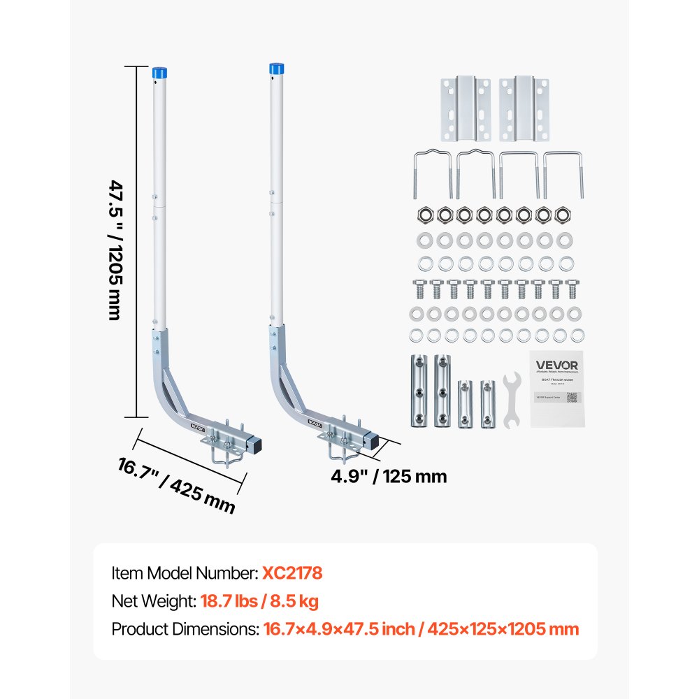 VEVOR boottrailergeleider 775 mm / 1205 mm, 0-10 cm verstelbare breedte, trailergeleider gemaakt van hoogwaardig staal met PVC-buizen, geschikt voor speedboten, compacte visboten en kleine zeilboten.