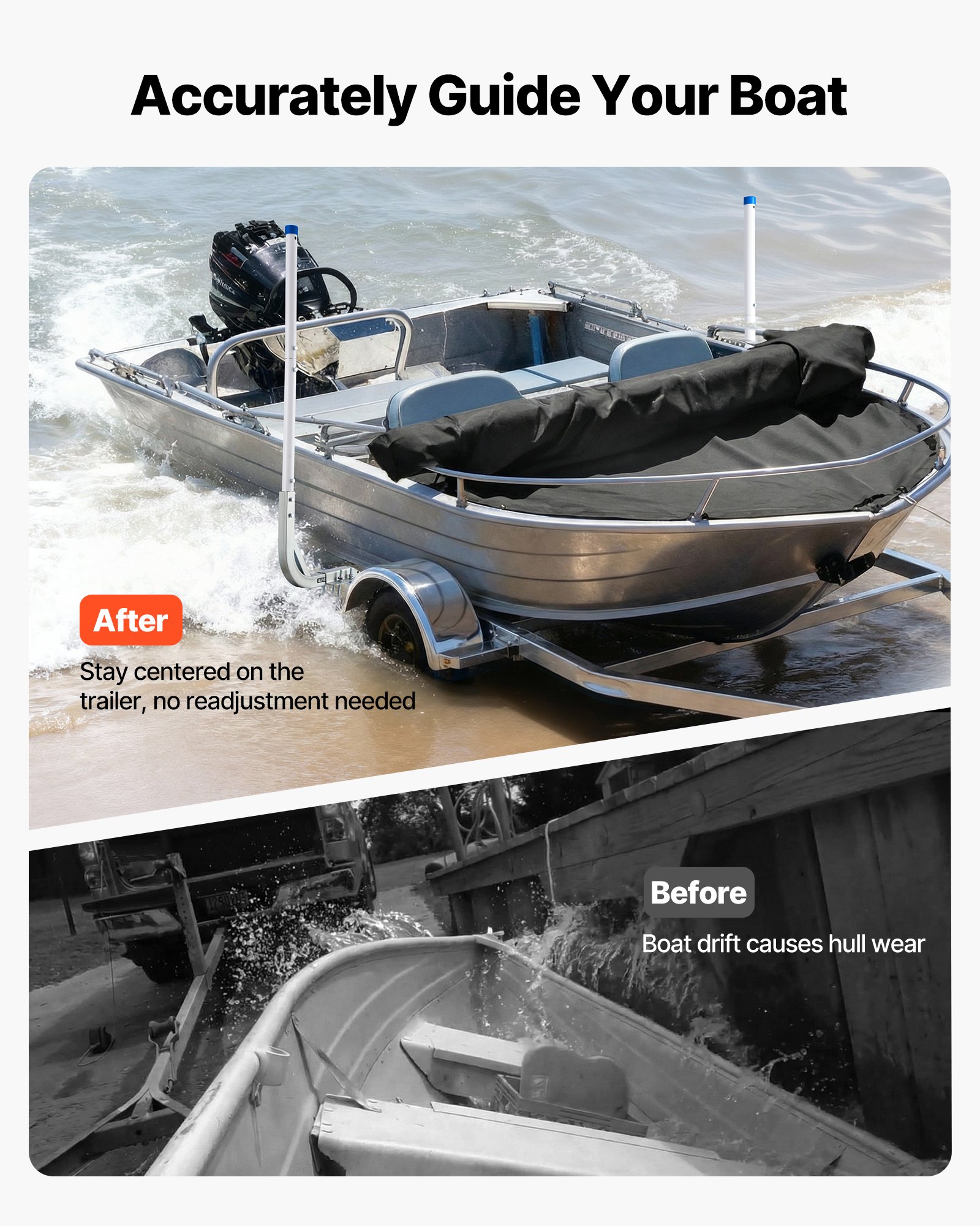 VEVOR boottrailergeleider 775 mm / 1205 mm, 0-10 cm verstelbare breedte, trailergeleider gemaakt van hoogwaardig staal met PVC-buizen, geschikt voor speedboten, compacte visboten en kleine zeilboten.