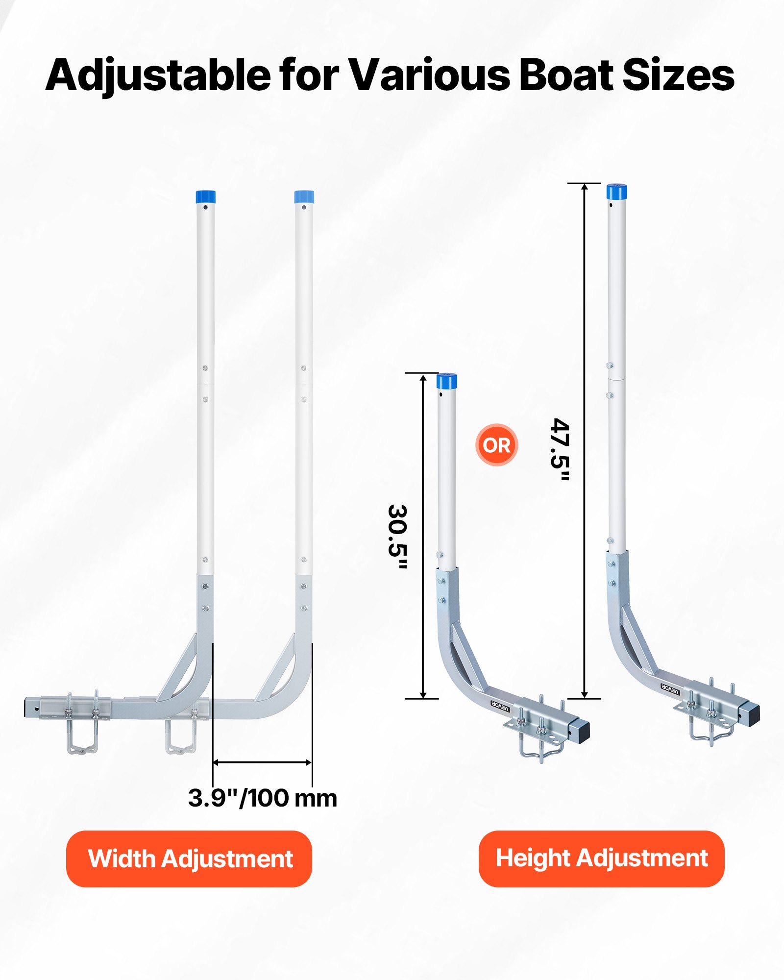 VEVOR boottrailergeleider 775 mm / 1205 mm, 0-10 cm verstelbare breedte, trailergeleider gemaakt van hoogwaardig staal met PVC-buizen, geschikt voor speedboten, compacte visboten en kleine zeilboten.