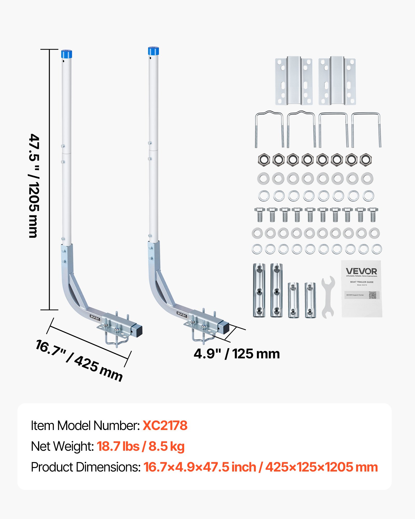 VEVOR boottrailergeleider 775 mm / 1205 mm, 0-10 cm verstelbare breedte, trailergeleider gemaakt van hoogwaardig staal met PVC-buizen, geschikt voor speedboten, compacte visboten en kleine zeilboten.