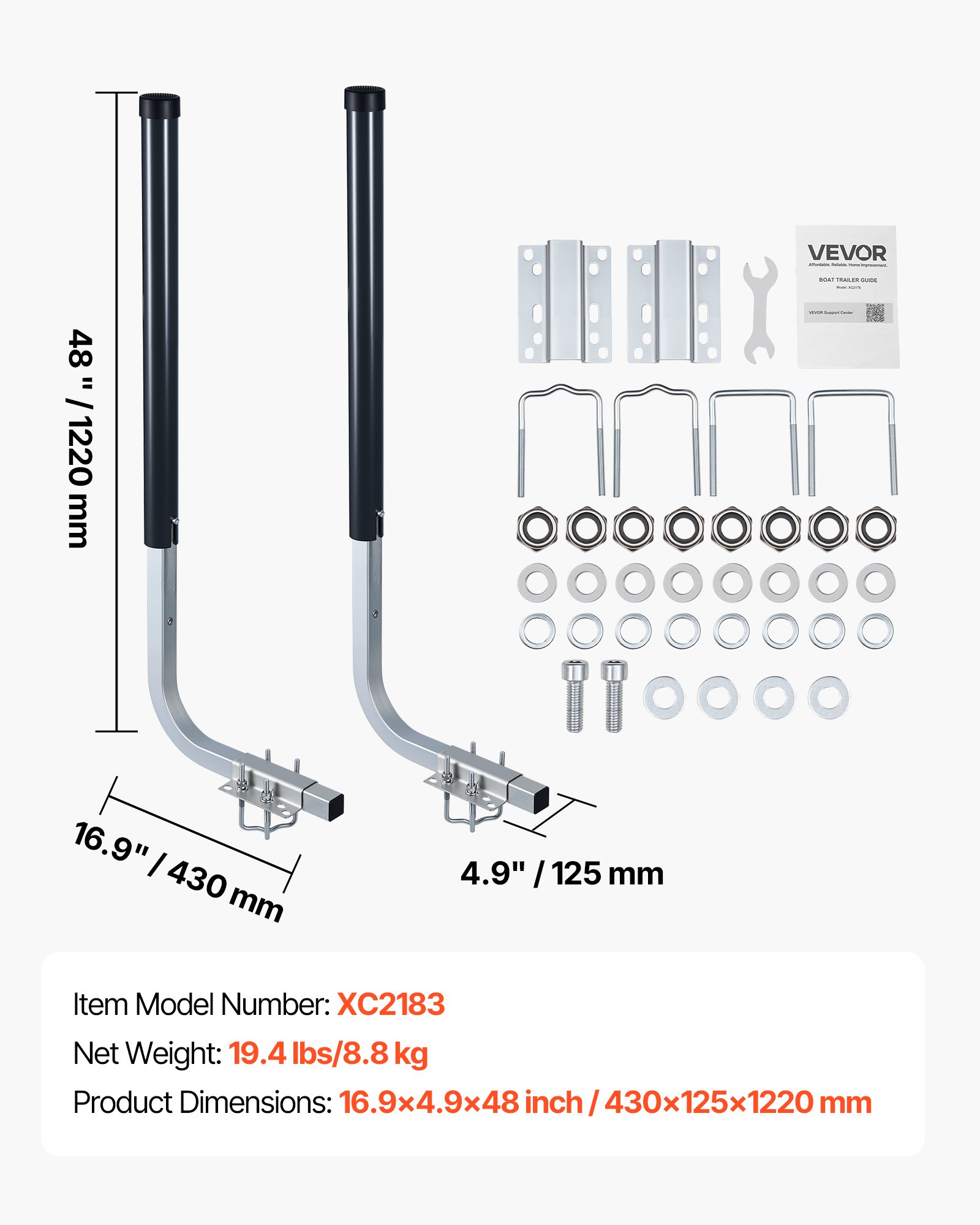 VEVOR boottrailergeleiders, 1016 mm / 1219 mm hoog, 0-13 cm verstelbare breedte, trailergeleider gemaakt van hoogwaardig staal met PVC-buizen, geschikt voor speedboten, visboten en kleine zeilboten.