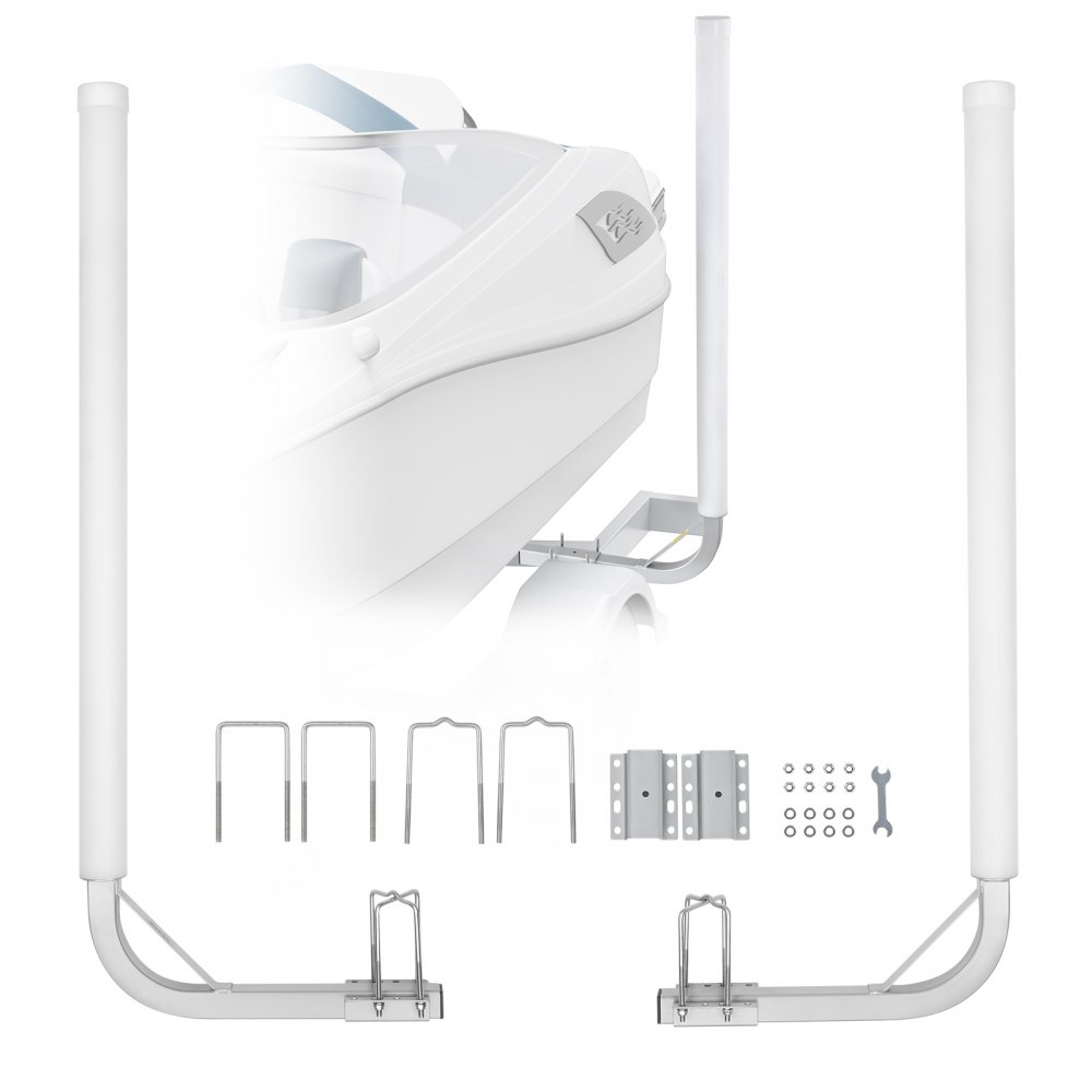 VEVOR marine trailer guide with installation hardware, showing parts and a boat in the background.