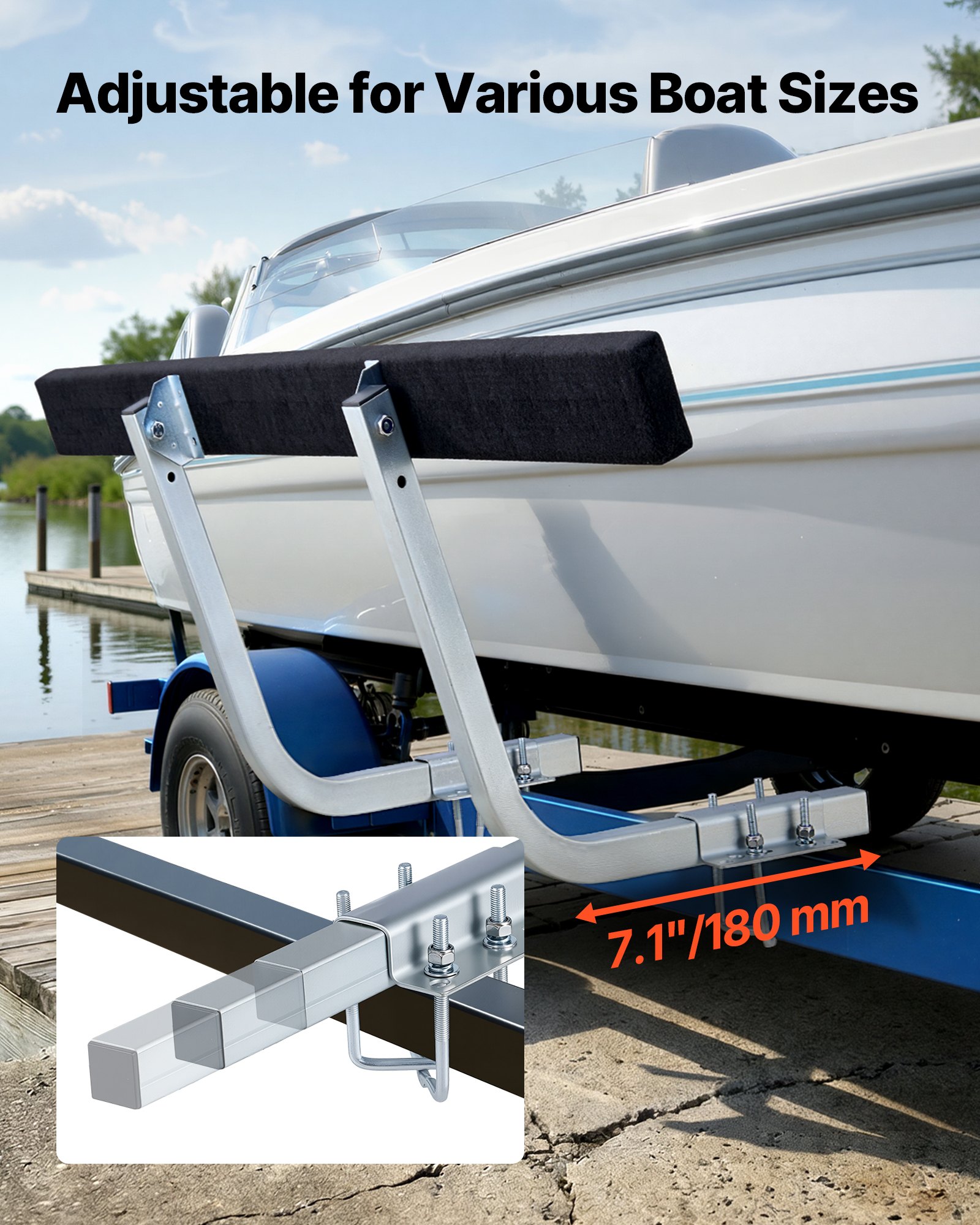 VEVOR boottrailergeleider 425 mm / 475 mm (montagehoogte), 0-18 cm verstelbaar, gemaakt van versterkt staal met dikke steunplaten, voor pontontrailers met steunen (L-profielen/kokerprofielen/C-profielen)