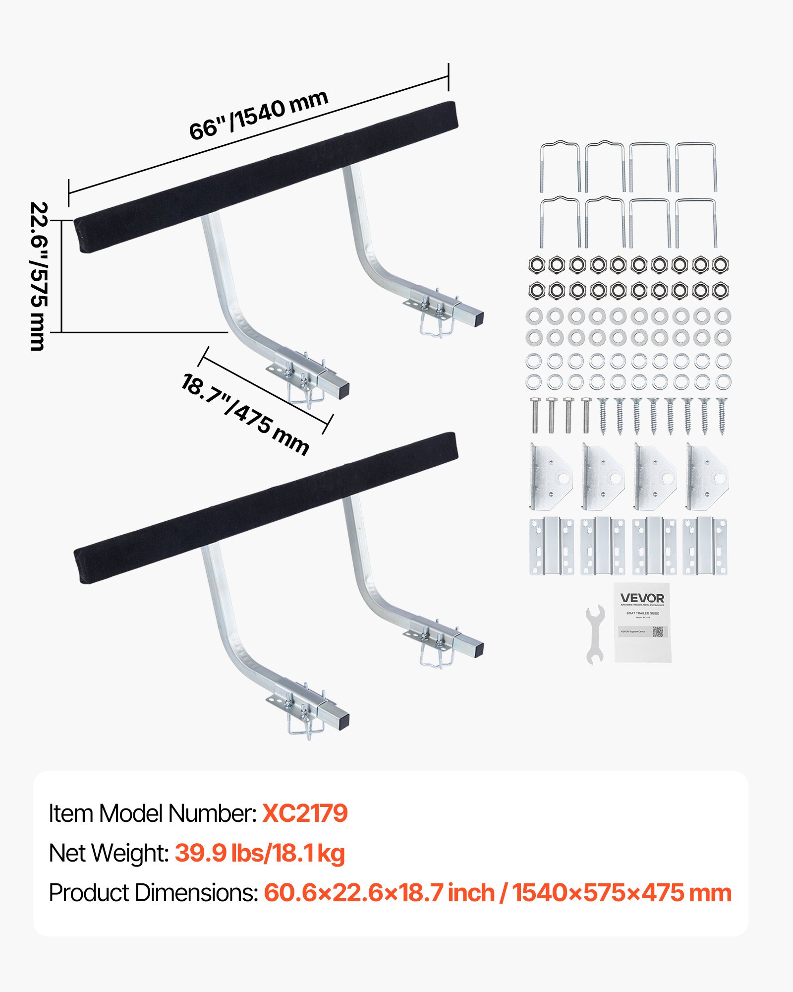 VEVOR boottrailergeleider 425 mm / 475 mm (montagehoogte), 0-18 cm verstelbaar, gemaakt van versterkt staal met dikke steunplaten, voor pontontrailers met steunen (L-profielen/kokerprofielen/C-profielen)