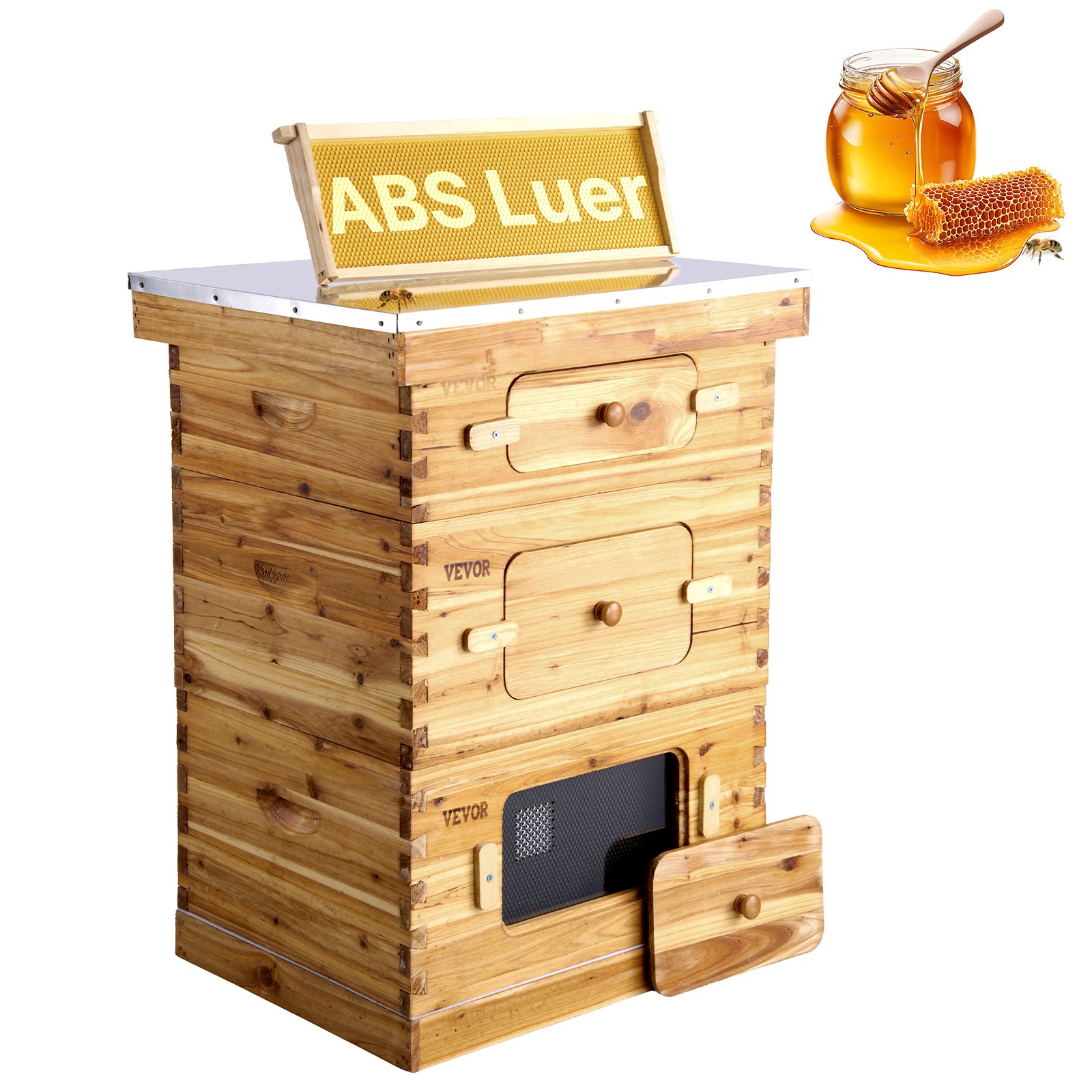 VEVOR Bijenkorf, Zander bijenkorf voor 30 ramen, met bijenwas behandeld hout, 2 diepe + 1 middelgrote bijenkorf, Langstroth bijenkorfset, transparante acrylvensters met wasplaten