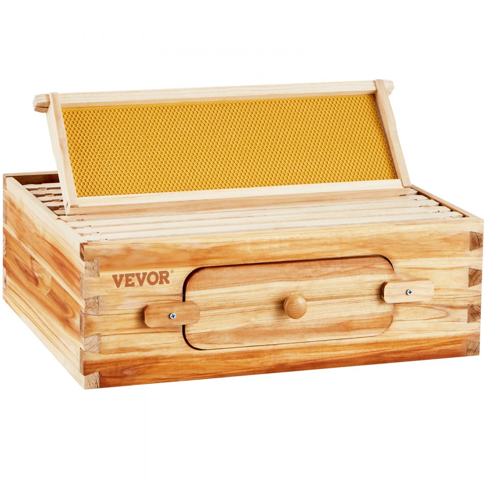 VEVOR Bee Hive Medium Box Starter Kit, 100% Beeswax Coated Natural Fir Wood, Langstroth Beehive Kit with 10 Frames and Foundations, Transparent Acrylic Bee Windows for Beginners and Pro Beekeepers