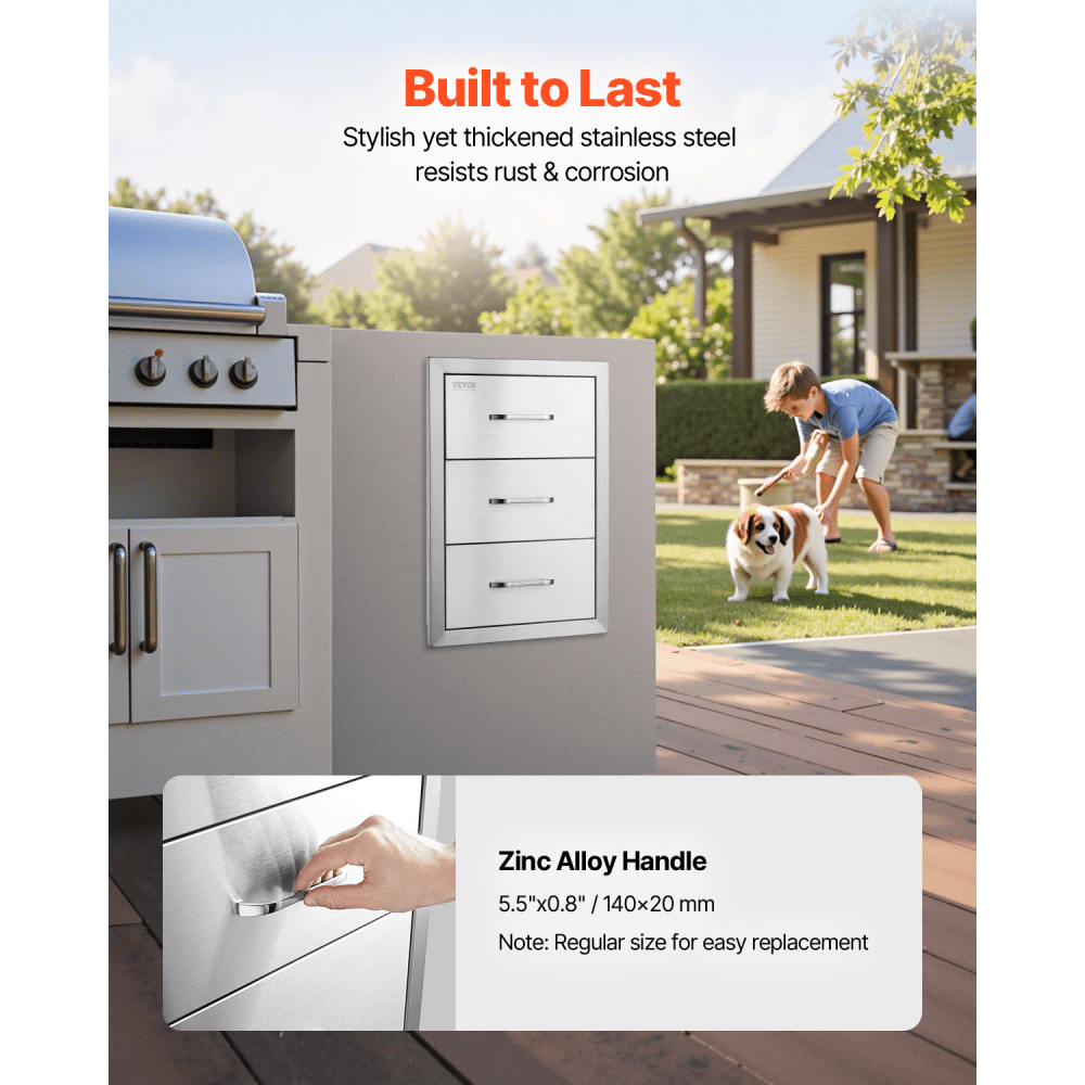 VEVOR Outdoor Kitchen Drawers 16\" W x 21.5\" H x 18\" D, Flush Mount Triple Access BBQ Drawers with Stainless Steel Handle, BBQ Island Drawers for Outdoor Kitchens or BBQ Island Patio Grill Station