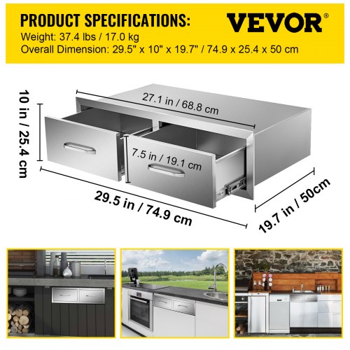 30”X10” BBQ Drawer Double Horizontal Drawers Chest of Drawers Outdoor Kitchen Flush Mount