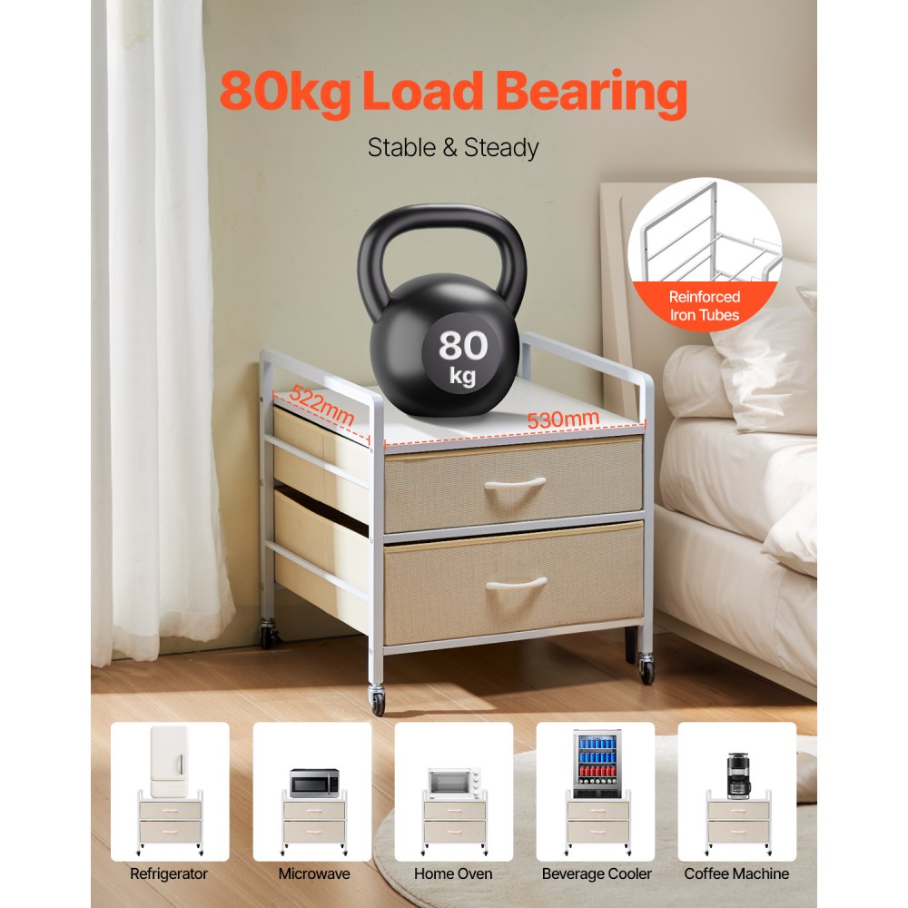 VEVOR Minikoelkaststandaard op wielen, koelkasthouder met een draagvermogen van 80 kg, minikoelkasttafel met 2 lades en 4 zwenkwielen, mobiele koelkastplank voor studentenhuis, kantoor, wit