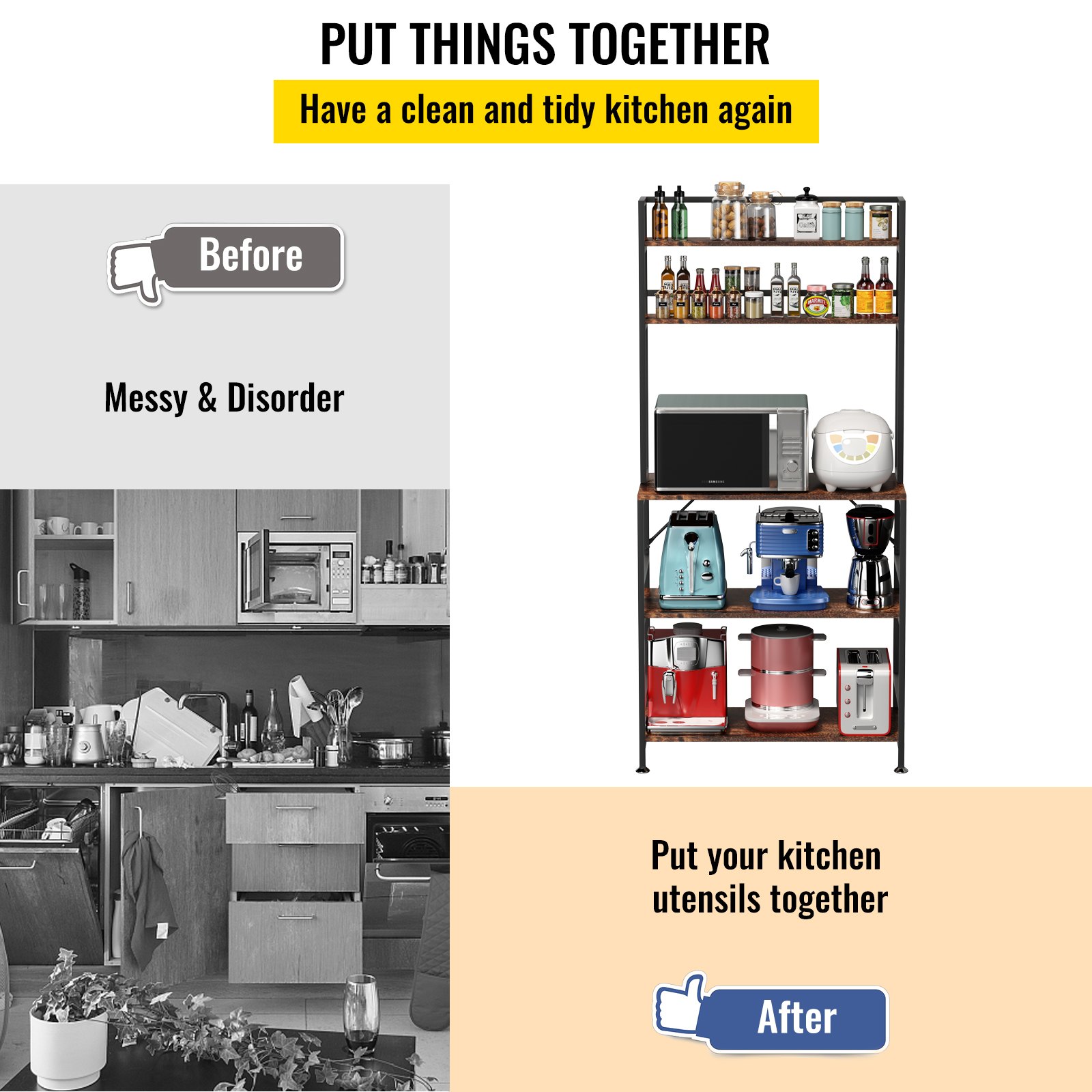 VEVOR Keuken Bakkersrek Magnetron Plank 5 niveaus Opbergrek 6 Haken 1,7 M Hoogte