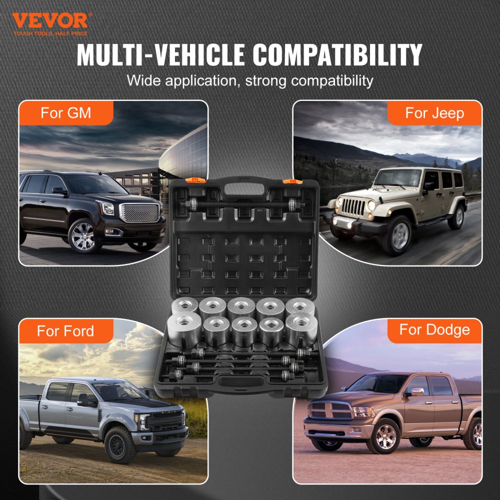 VEVOR 27 PCS Pull and Press Sleeve Kit, Steel Bush Bearing Removal and Installation Set, Bush Removal Insertion Sleeve Tools with Carrying Case, Multi-Vehicle Compatibility for LCV and HGV Engines