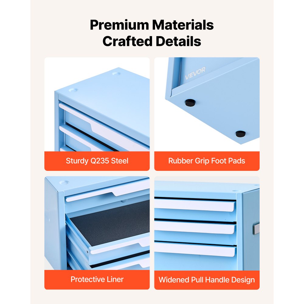 VEVOR Gereedschapskist met 3 laden, draagbare metalen gereedschapskist, blauw, stapelbare gereedschapskist voor werkplaats, garage, kantoor en thuis, stalen frame, 280x150x166 mm, met PVC bescherminzetstukken en magneten