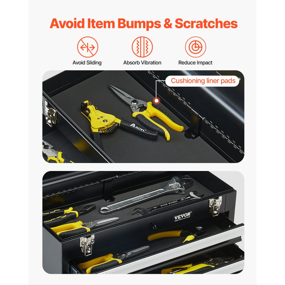 VEVOR Metal Tool Box, 20.5-inch, Portable Metal Tool Box with 3 Drawers, Small Tool Chest with EVA Liners, Ball Bearing Slide Drawers Locking & Powder Coated Finish, Multi-Function Tool Organizer