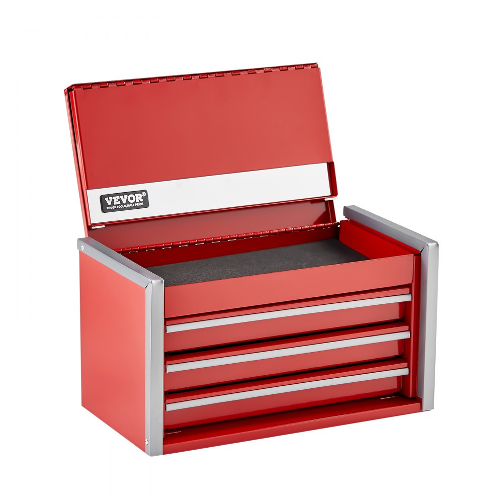 VEVOR Metal Tool Box, 8.6-inch, Portable Metal Tool Box with 3 Drawers, Small Tool Chest with EVA Liners and PP Feet Pads, Heavy-Duty Steel With Ball Bearing Opening and Powder Coated Finish, Red
