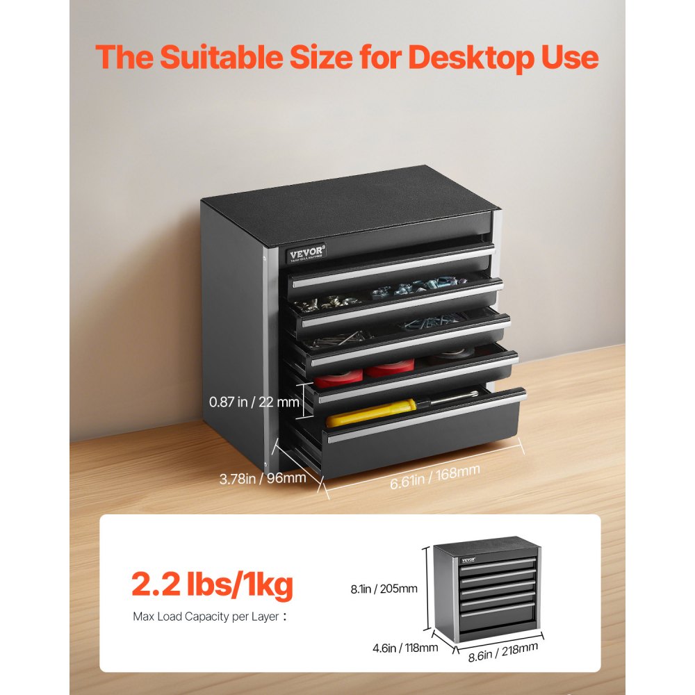 VEVOR Gereedschapskist 218 x 118 x 205 mm, Metalen gereedschapskist met 5 laden, Gereedschapskoffer met EVA-inzetstukken en PP-voetkussens, Robuust staal met kogellageropening en poedercoating, Zwart