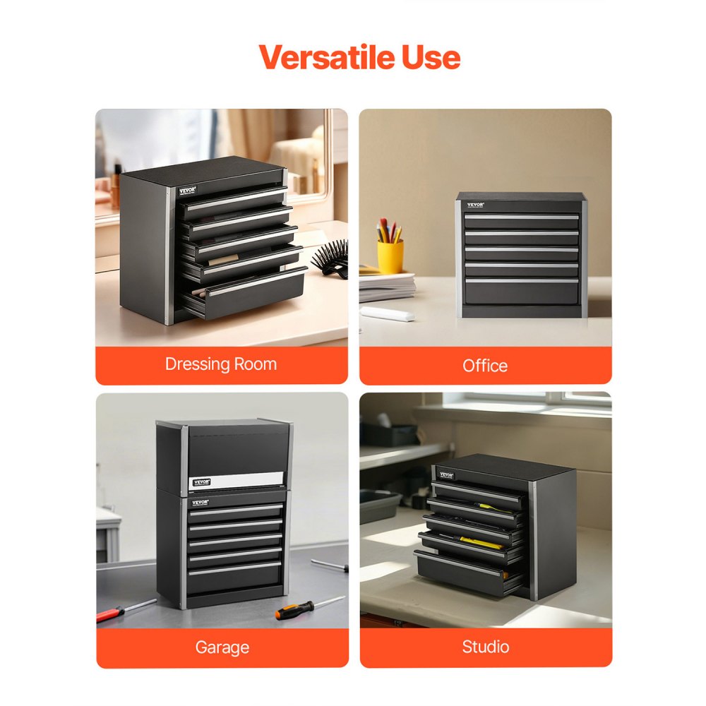 VEVOR Gereedschapskist 218 x 118 x 205 mm, Metalen gereedschapskist met 5 laden, Gereedschapskoffer met EVA-inzetstukken en PP-voetkussens, Robuust staal met kogellageropening en poedercoating, Zwart