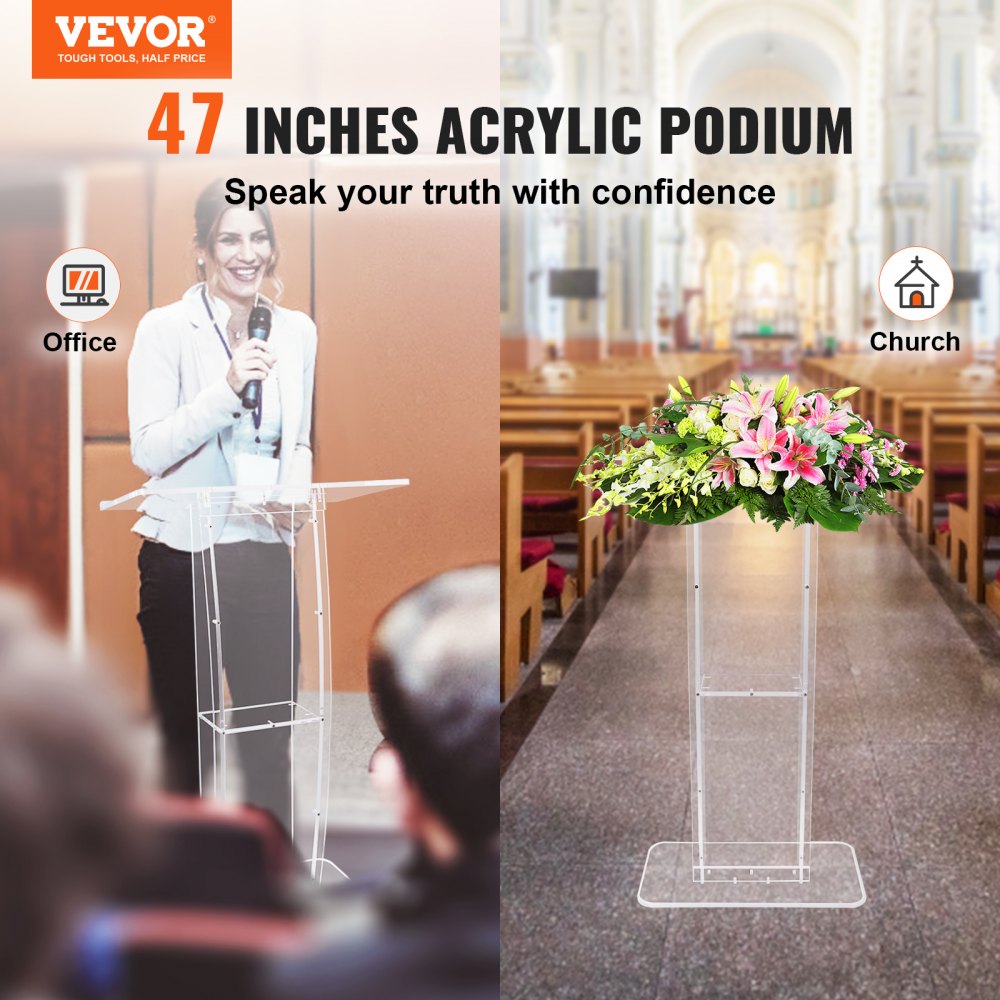 VEVOR Acrylic Podium, 47" Tall, Clear Acrylic Podium Stand with Wide Reading Surface & Storage Shelf, Floor-standing Clear Pulpits Acrylic for Church Office School