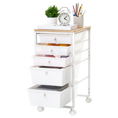 VEVOR rolwagen met 5 lades, verrijdbare container 400x330x635mm, wit, metalen frame, houten tafelblad, handgrepen, zwenkwielen met 2 remmen, opbergwagen voor kantoor, hobbykamer, slaapkamer