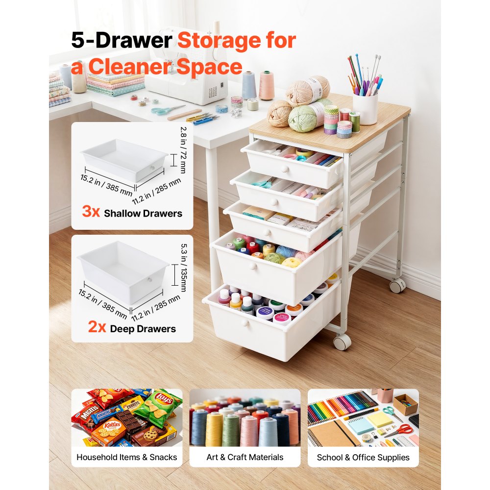 VEVOR rolwagen met 5 lades, verrijdbare container 400x330x635mm, wit, metalen frame, houten tafelblad, handgrepen, zwenkwielen met 2 remmen, opbergwagen voor kantoor, hobbykamer, slaapkamer