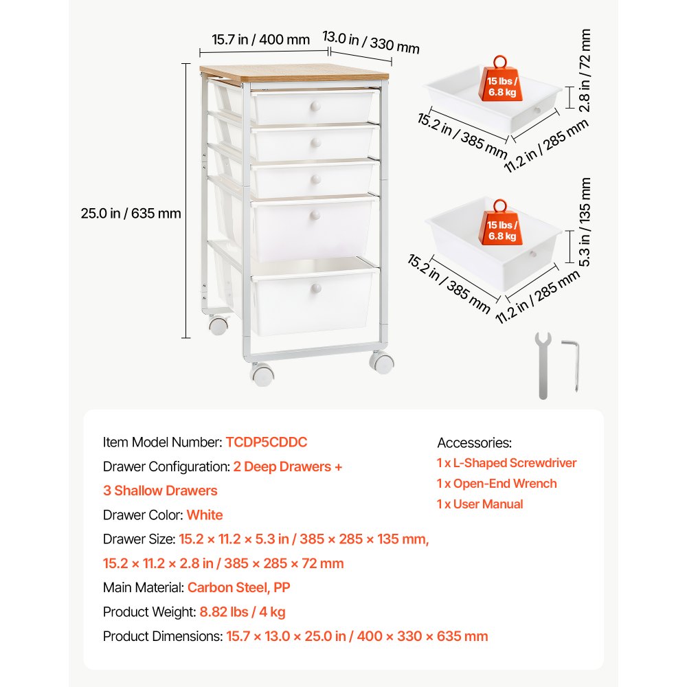 VEVOR rolwagen met 5 lades, verrijdbare container 400x330x635mm, wit, metalen frame, houten tafelblad, handgrepen, zwenkwielen met 2 remmen, opbergwagen voor kantoor, hobbykamer, slaapkamer