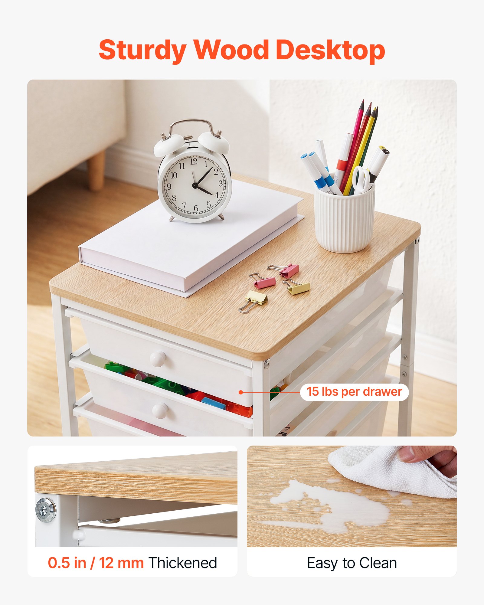 VEVOR rolwagen met 5 lades, verrijdbare container 400x330x635mm, wit, metalen frame, houten tafelblad, handgrepen, zwenkwielen met 2 remmen, opbergwagen voor kantoor, hobbykamer, slaapkamer