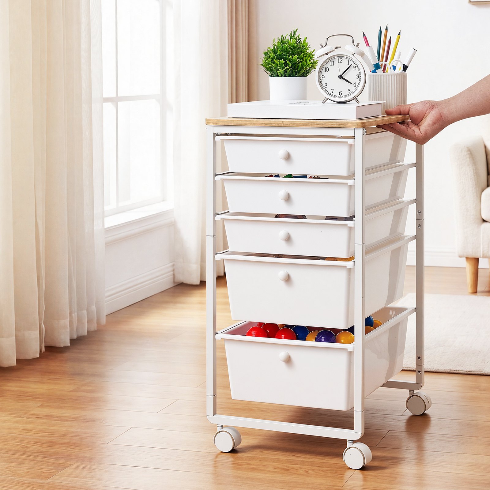 VEVOR rolwagen met 5 lades, verrijdbare container 400x330x635mm, wit, metalen frame, houten tafelblad, handgrepen, zwenkwielen met 2 remmen, opbergwagen voor kantoor, hobbykamer, slaapkamer