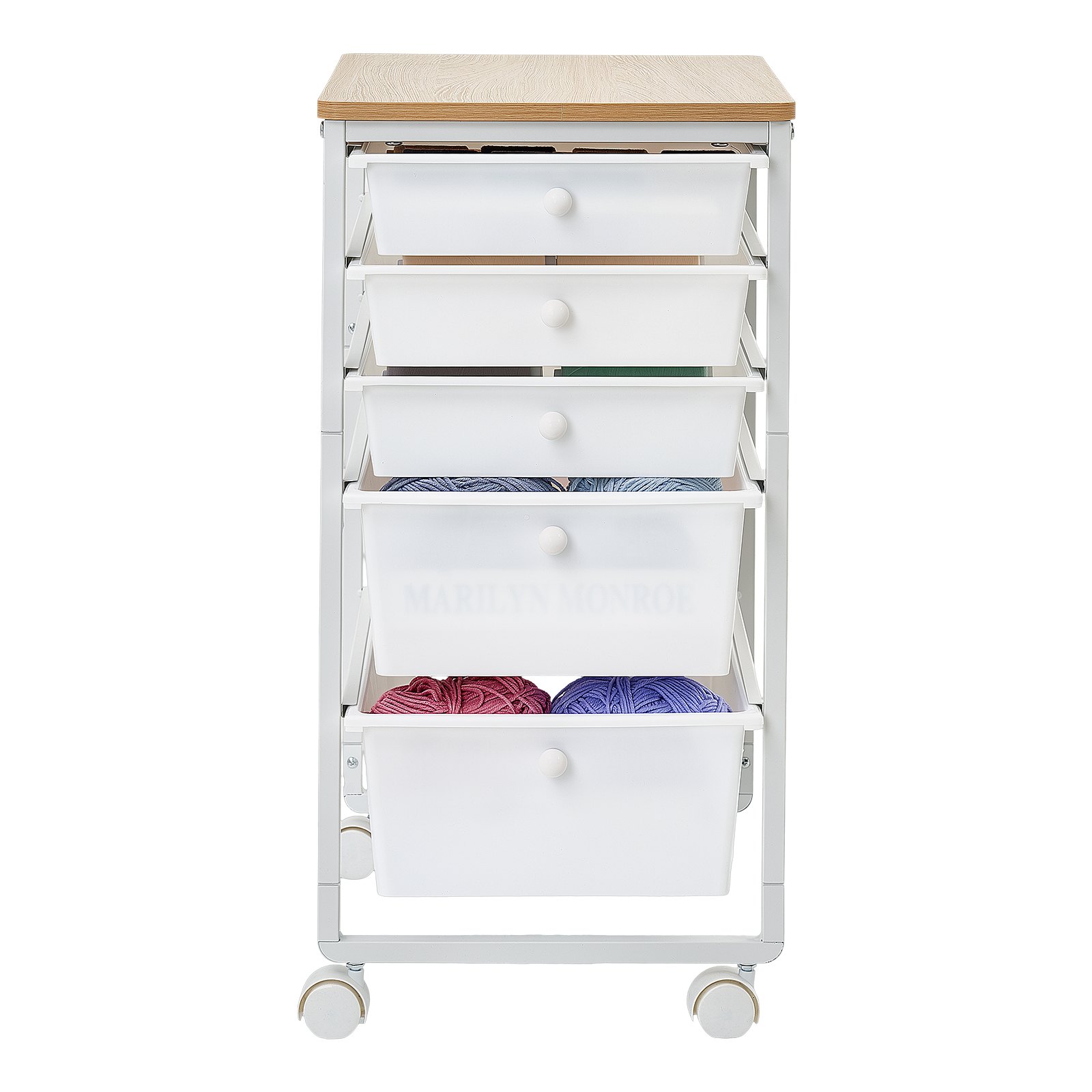 VEVOR rolwagen met 5 lades, verrijdbare container 400x330x635mm, wit, metalen frame, houten tafelblad, handgrepen, zwenkwielen met 2 remmen, opbergwagen voor kantoor, hobbykamer, slaapkamer