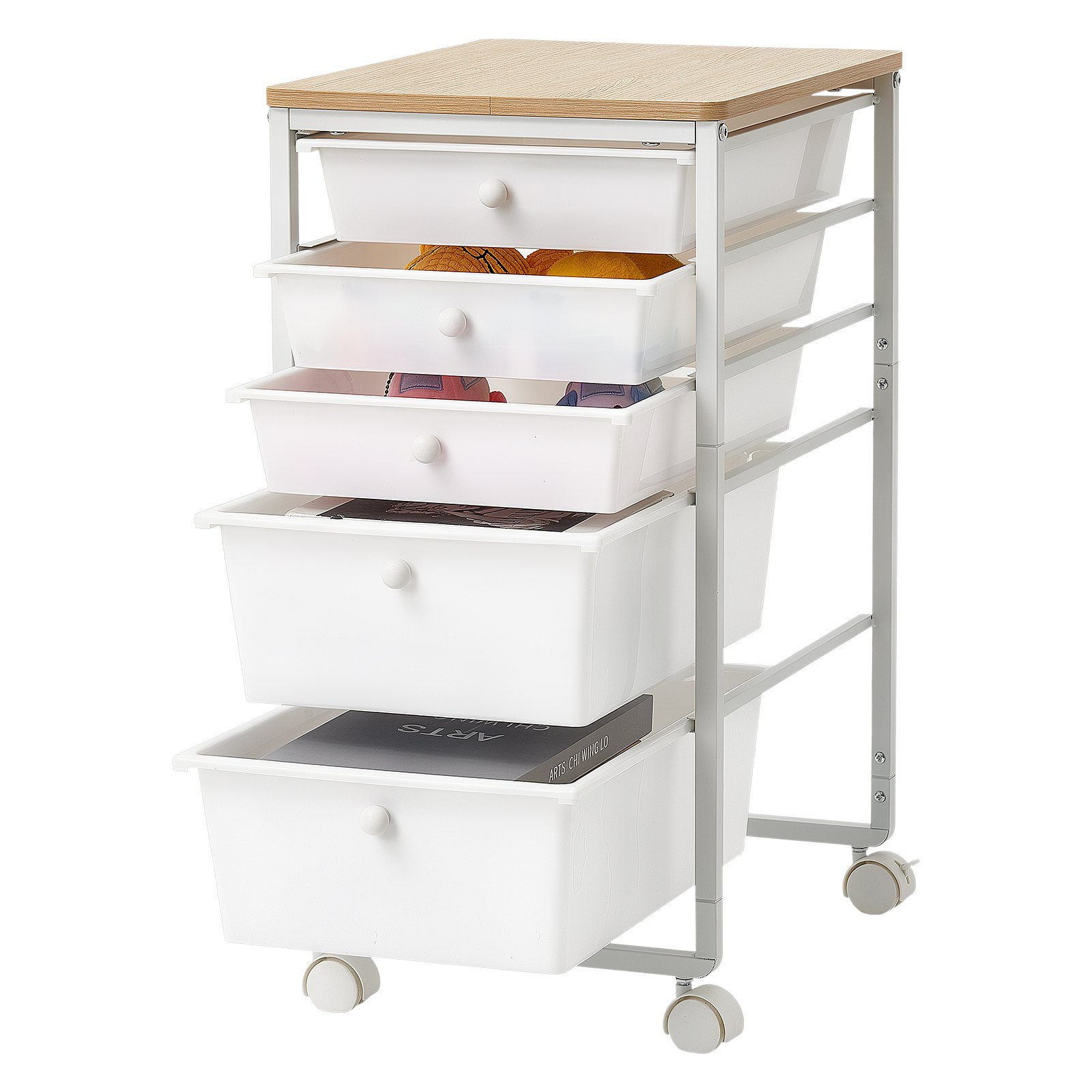 VEVOR rolwagen met 5 lades, verrijdbare container 400x330x635mm, wit, metalen frame, houten tafelblad, handgrepen, zwenkwielen met 2 remmen, opbergwagen voor kantoor, hobbykamer, slaapkamer