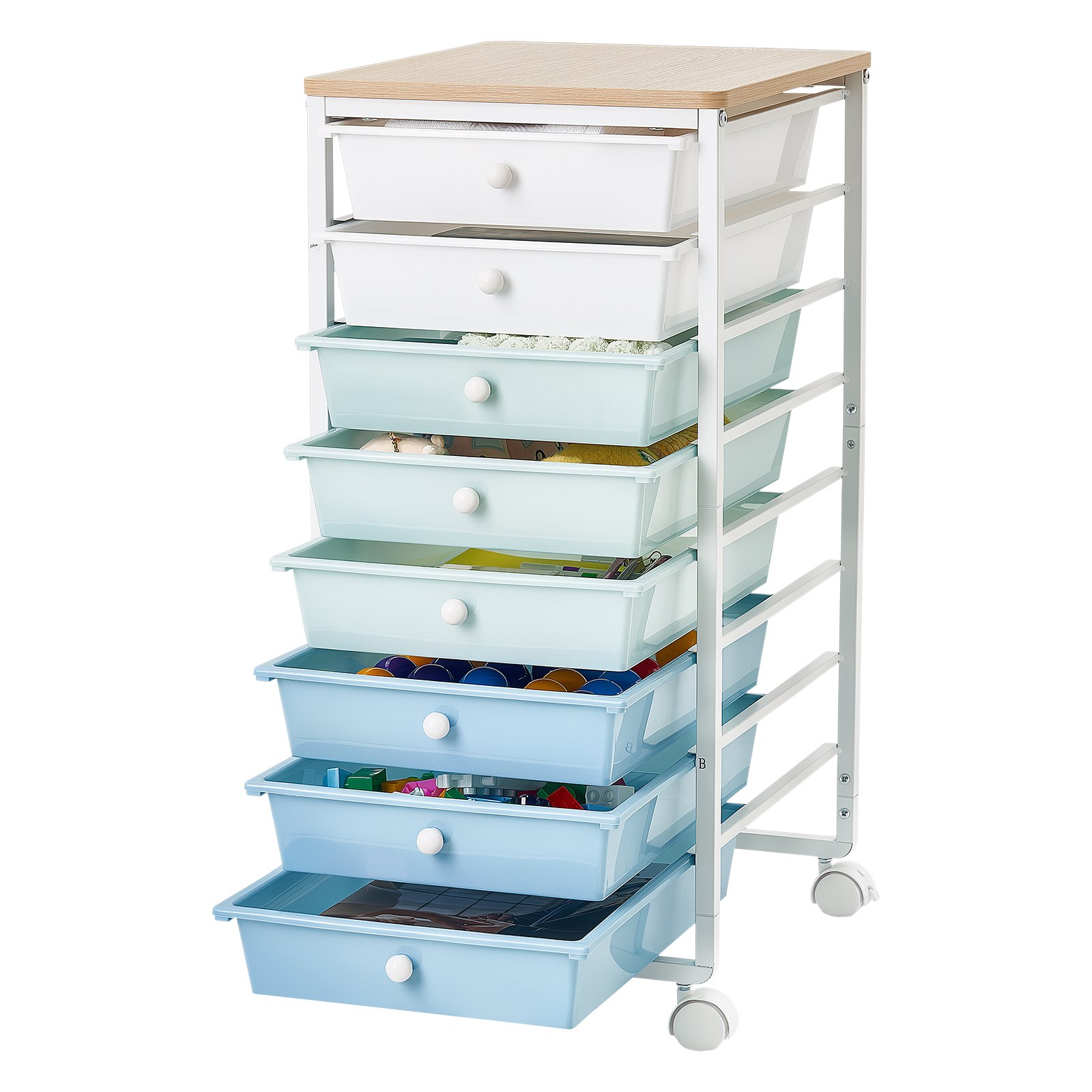 VEVOR rolwagen met 8 laden, rolcontainer 400x330x715mm, groen, blauw, wit, metalen frame, houten tafelblad, handgrepen, zwenkwielen met 2 remmen, mobiele ladewagen voor kantoor, werkplaats, klaslokaal
