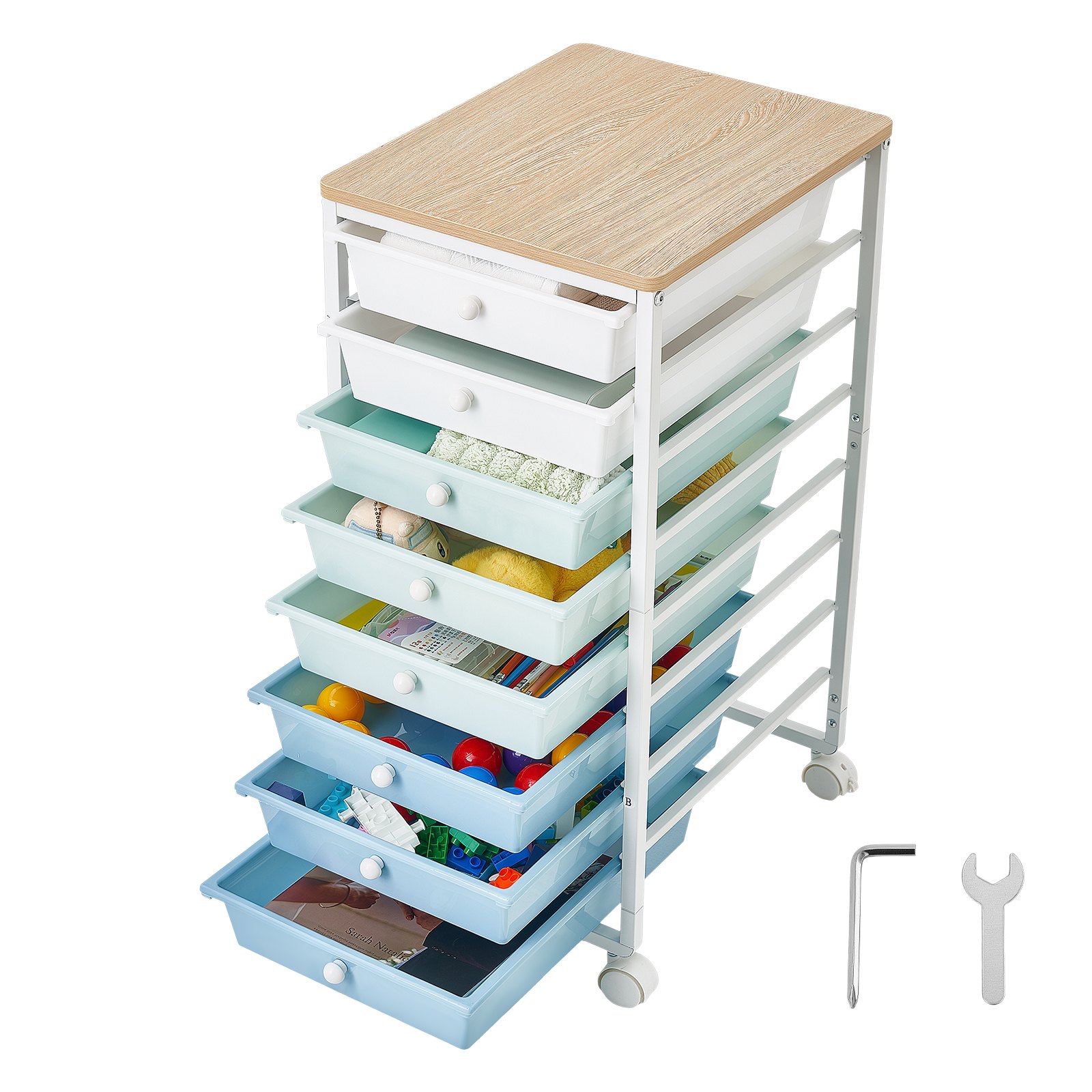 VEVOR rolwagen met 8 laden, rolcontainer 400x330x715mm, groen, blauw, wit, metalen frame, houten tafelblad, handgrepen, zwenkwielen met 2 remmen, mobiele ladewagen voor kantoor, werkplaats, klaslokaal