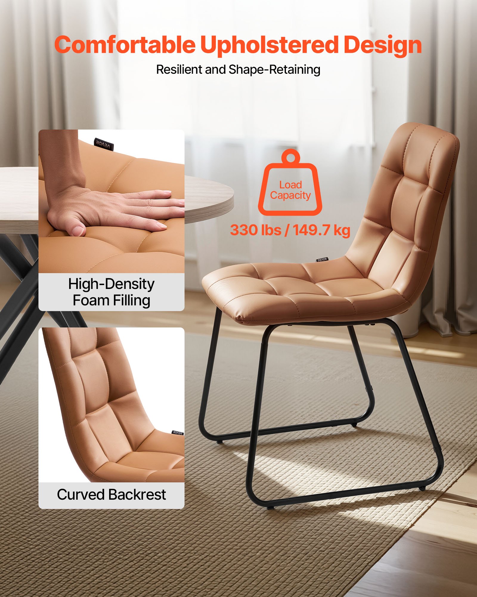 VEVOR 5-Piece Dining Table Set, Space-Saving Round Kitchen Table with 4 Upholstered Orange Chairs, PU Leather Cushions, Modern Wood-Tone Desk with Adjustable Foot Pads for Dining Room, Small Spaces