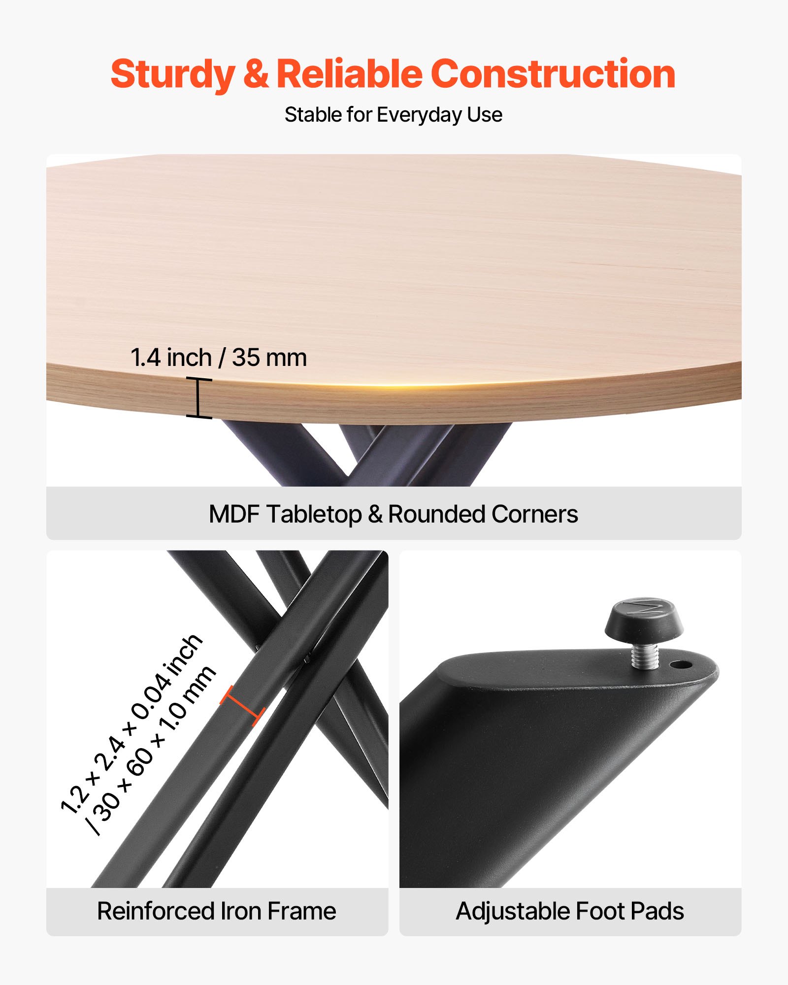 VEVOR 5-Piece Dining Table Set, Space-Saving Round Kitchen Table with 4 Upholstered Orange Chairs, PU Leather Cushions, Modern Wood-Tone Desk with Adjustable Foot Pads for Dining Room, Small Spaces