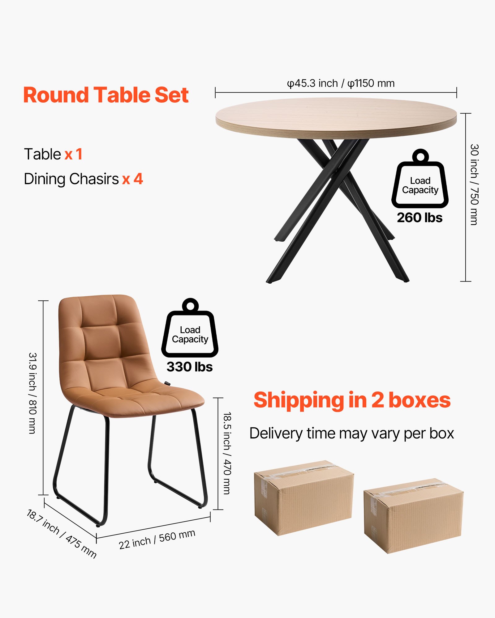 VEVOR 5-Piece Dining Table Set, Space-Saving Round Kitchen Table with 4 Upholstered Orange Chairs, PU Leather Cushions, Modern Wood-Tone Desk with Adjustable Foot Pads for Dining Room, Small Spaces