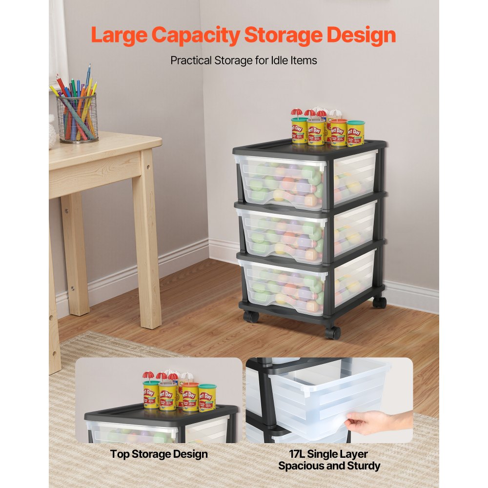 VEVOR Ladewagen Ladekast met 3 lades (17 L / per), Ladekast met wielen Ladekast met doorzichtige containers voor kantoorbenodigdheden Hobbylokalen Klaslokalen