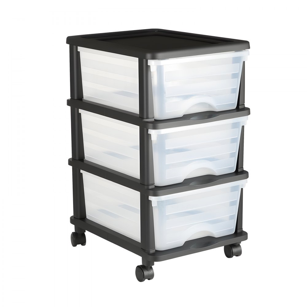VEVOR Ladewagen Ladekast met 3 lades (17 L / per), Ladekast met wielen Ladekast met doorzichtige containers voor kantoorbenodigdheden Hobbylokalen Klaslokalen
