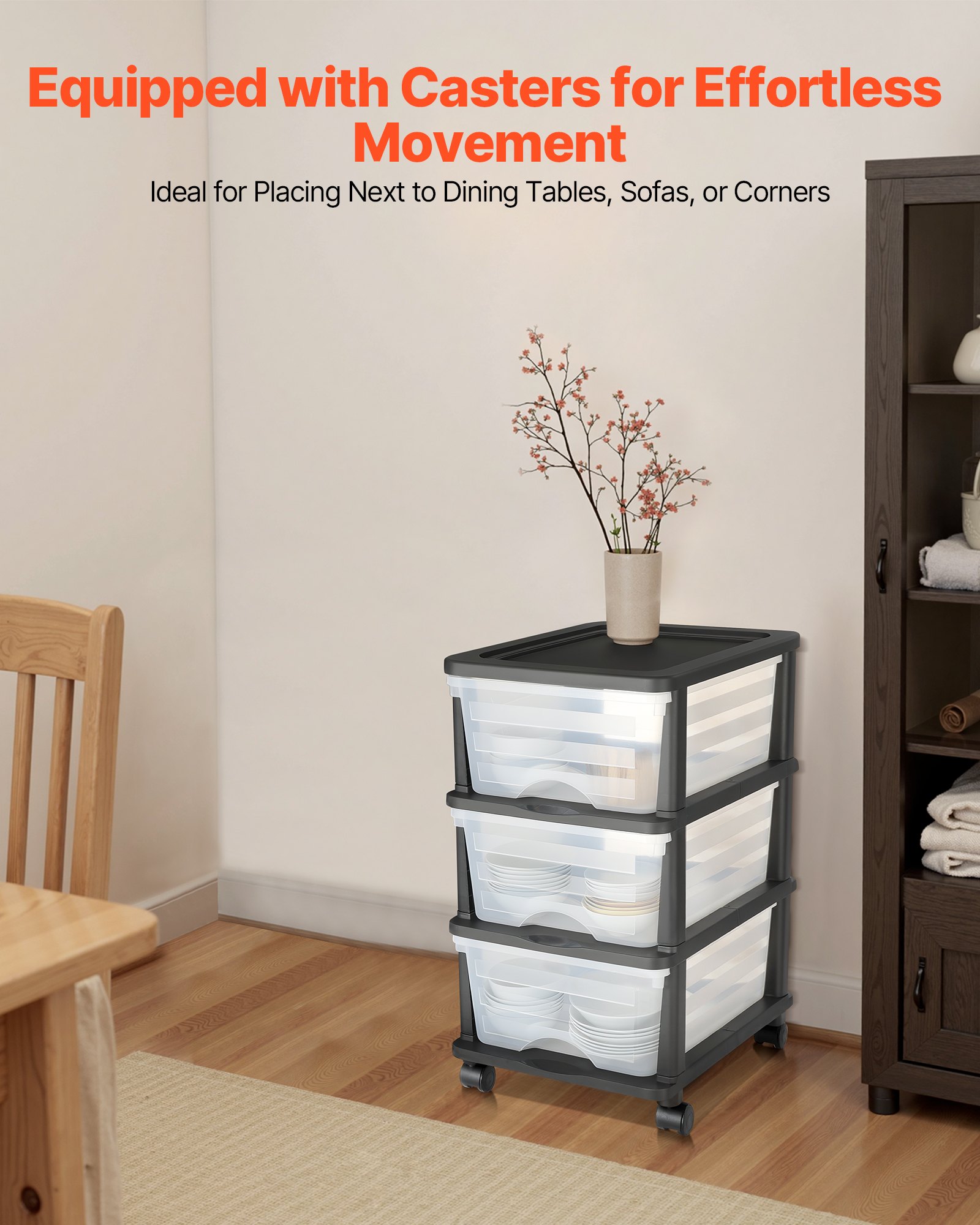 VEVOR Plastic Storage Drawers Cart, 3 Drawers Storage Organizer with Wheels, Rolling Closet Organization and Storage Dividers, Dresser Organizer Clear Bins for Office Supplies, Craft Rooms, Classrooms