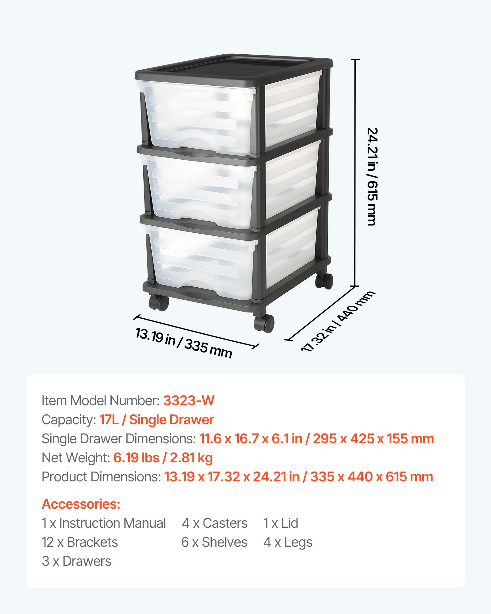 VEVOR Ladewagen Ladekast met 3 lades (17 L / per), Ladekast met wielen Ladekast met doorzichtige containers voor kantoorbenodigdheden Hobbylokalen Klaslokalen