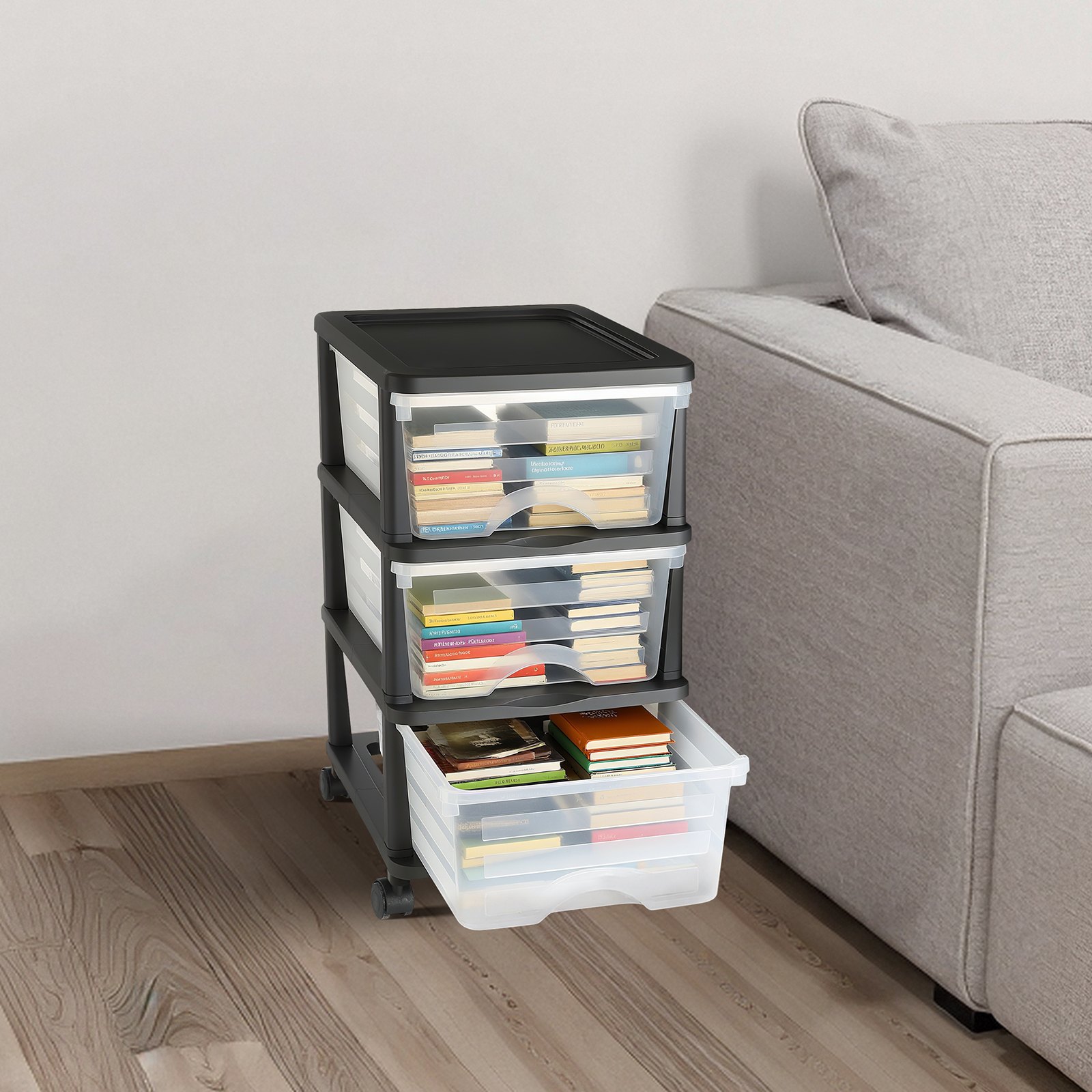 VEVOR Ladewagen Ladekast met 3 lades (17 L / per), Ladekast met wielen Ladekast met doorzichtige containers voor kantoorbenodigdheden Hobbylokalen Klaslokalen